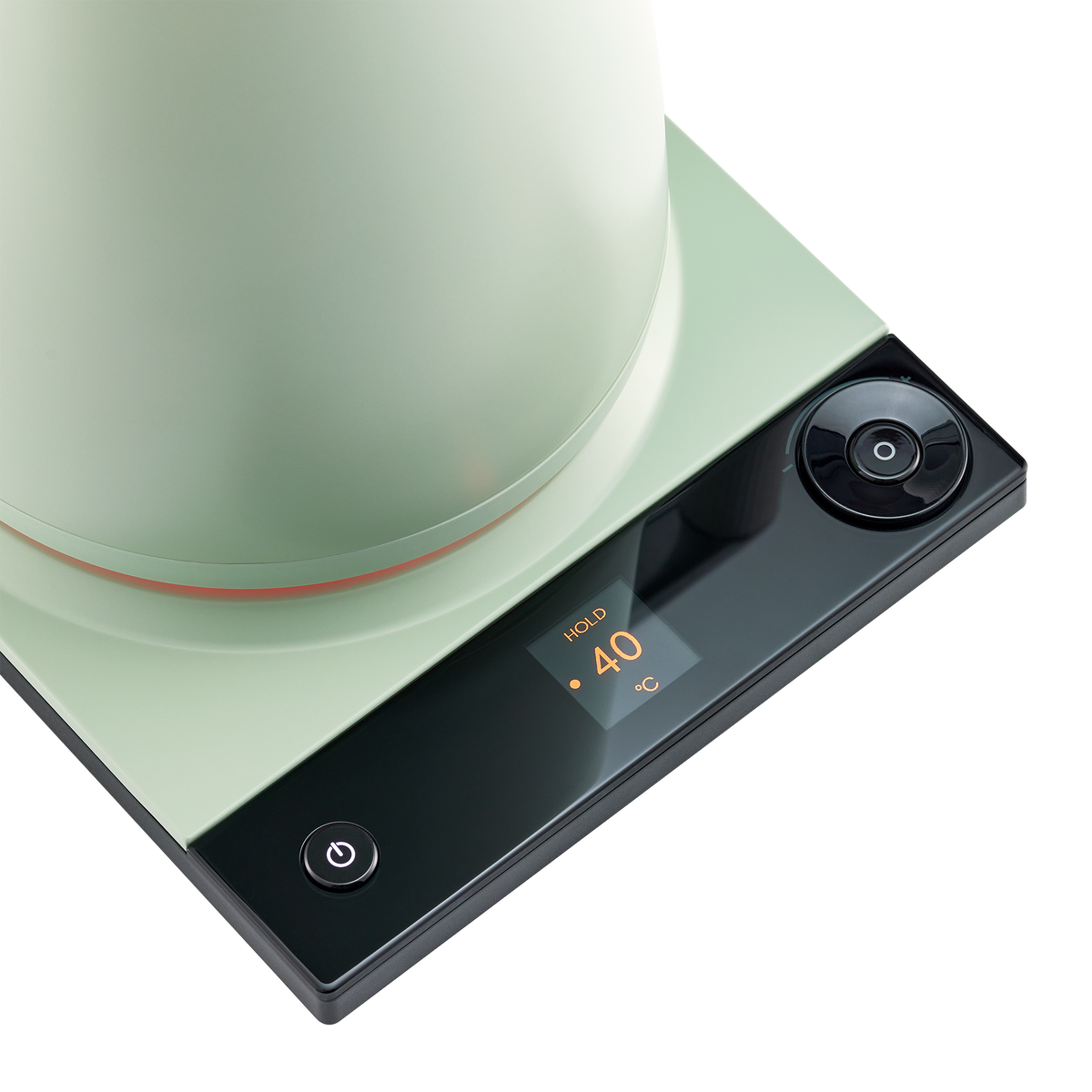 Sage green electric tea maker control base with HOLD 40 display and round power knob