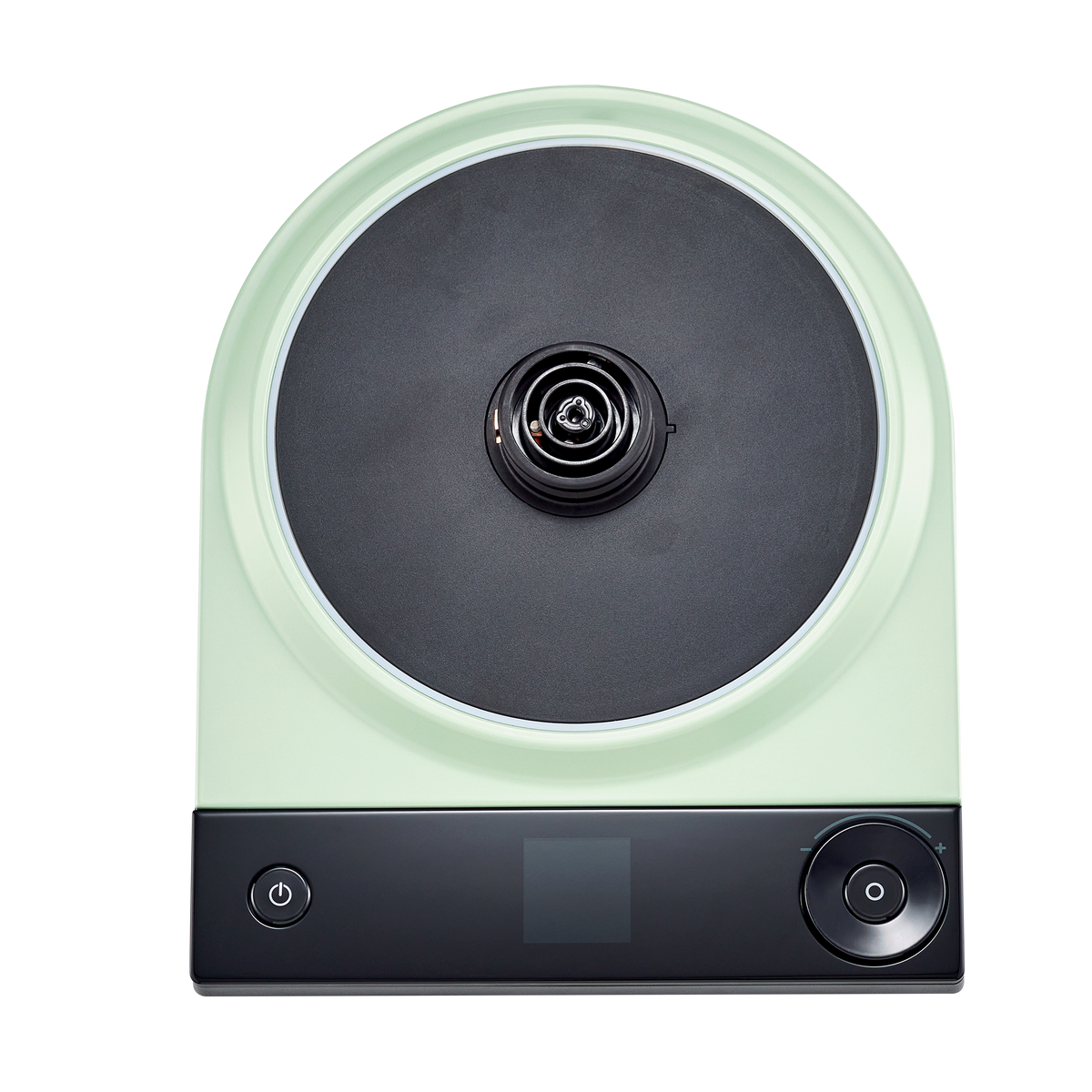 Sage green electric Turkish tea maker top with black circular heating base and control buttons