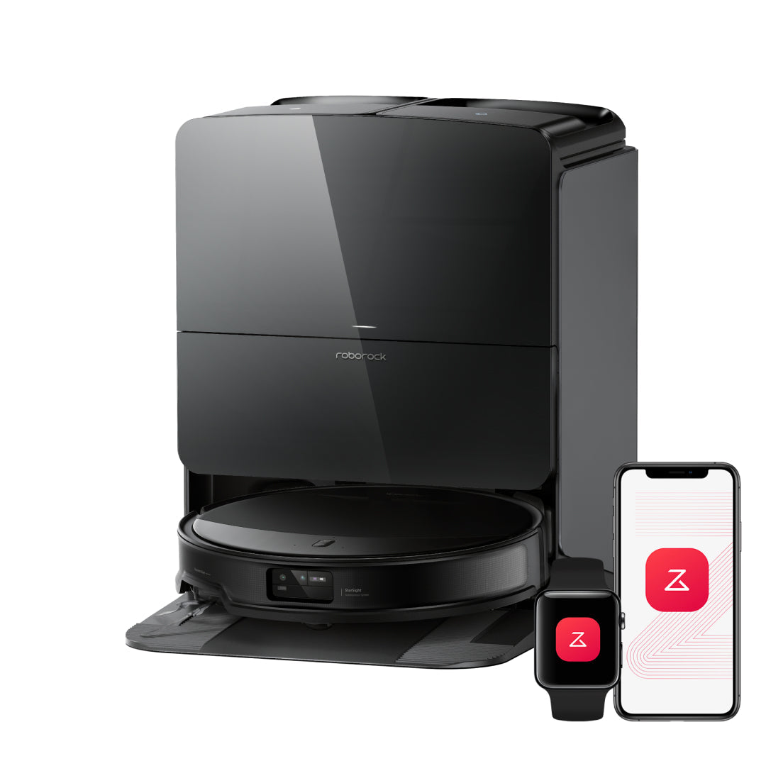 Black Roborock robot vacuum docked on slim multifunction base with app control icons