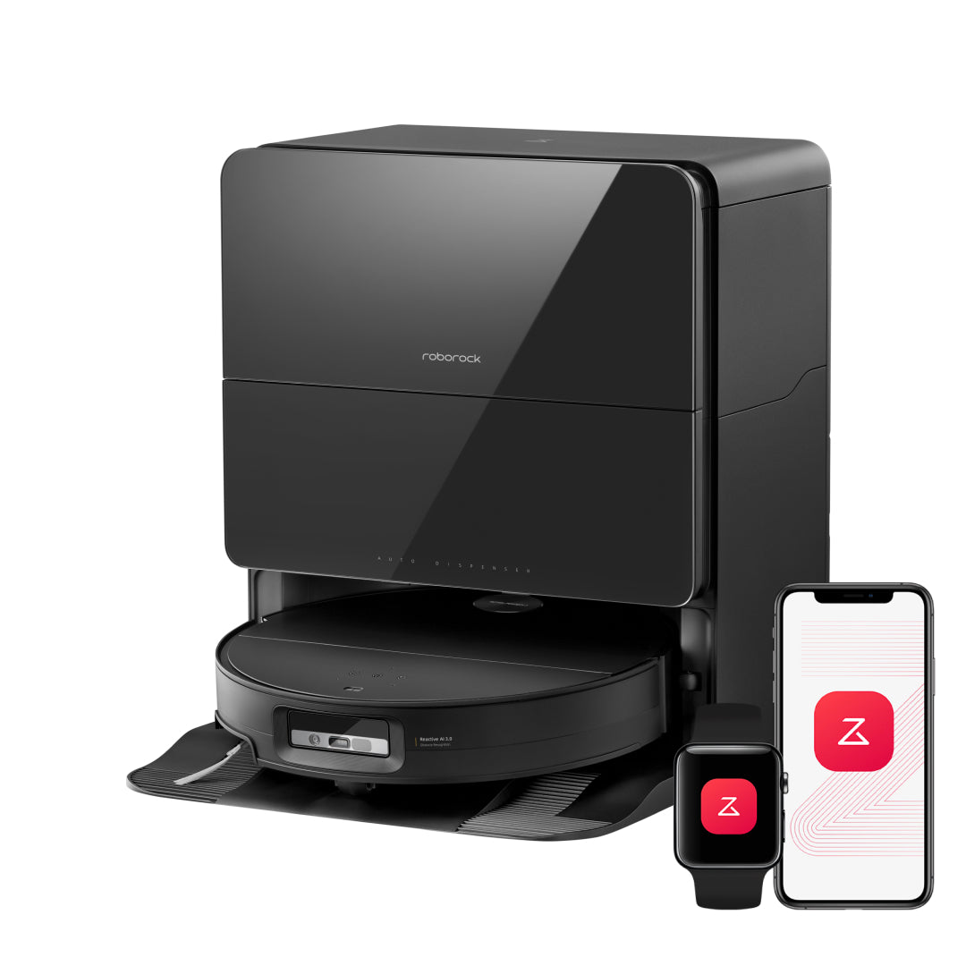 Black Roborock robot vacuum with top display and low-profile design, shown with phone app controls.