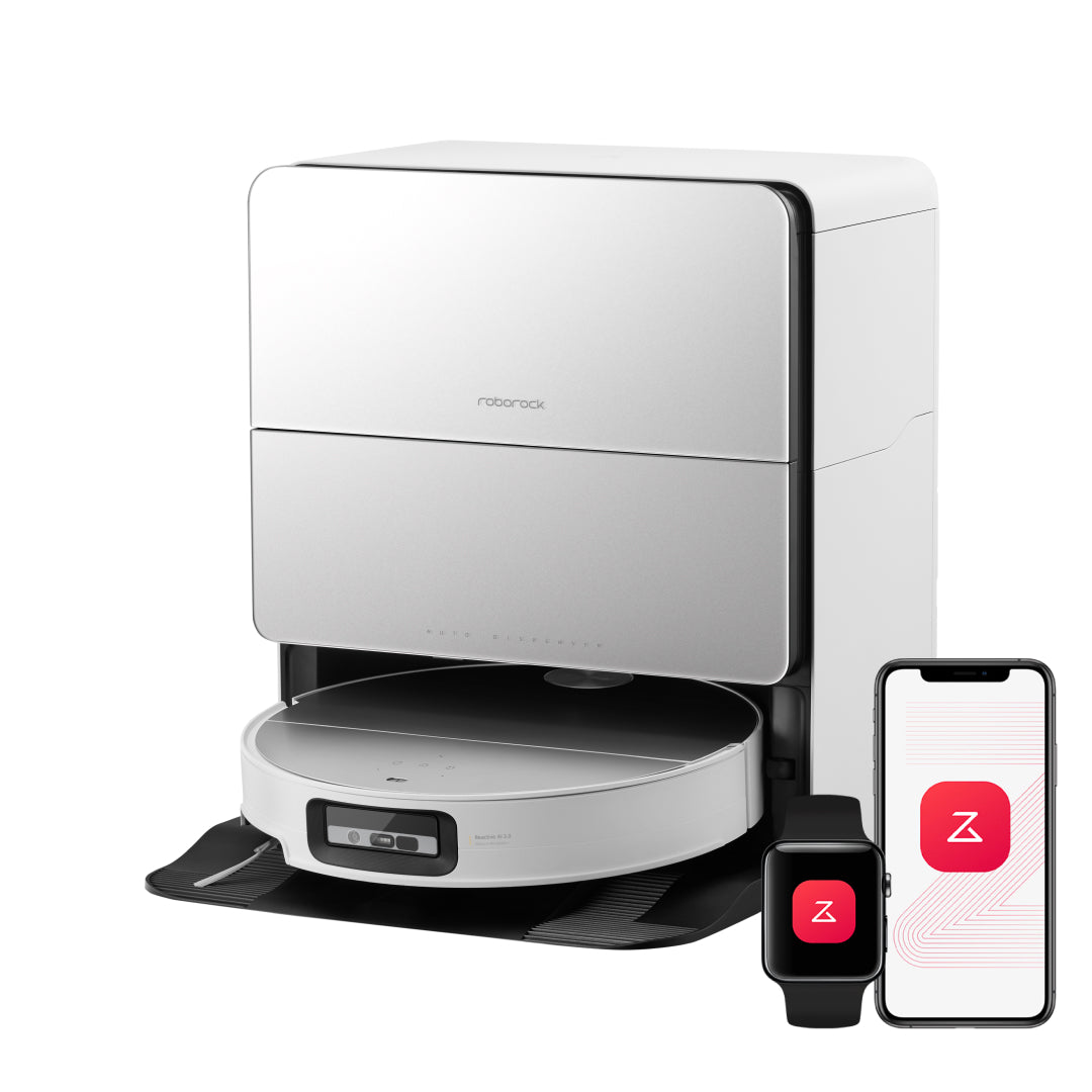 White robot vacuum docked in charging station with smartphone app control