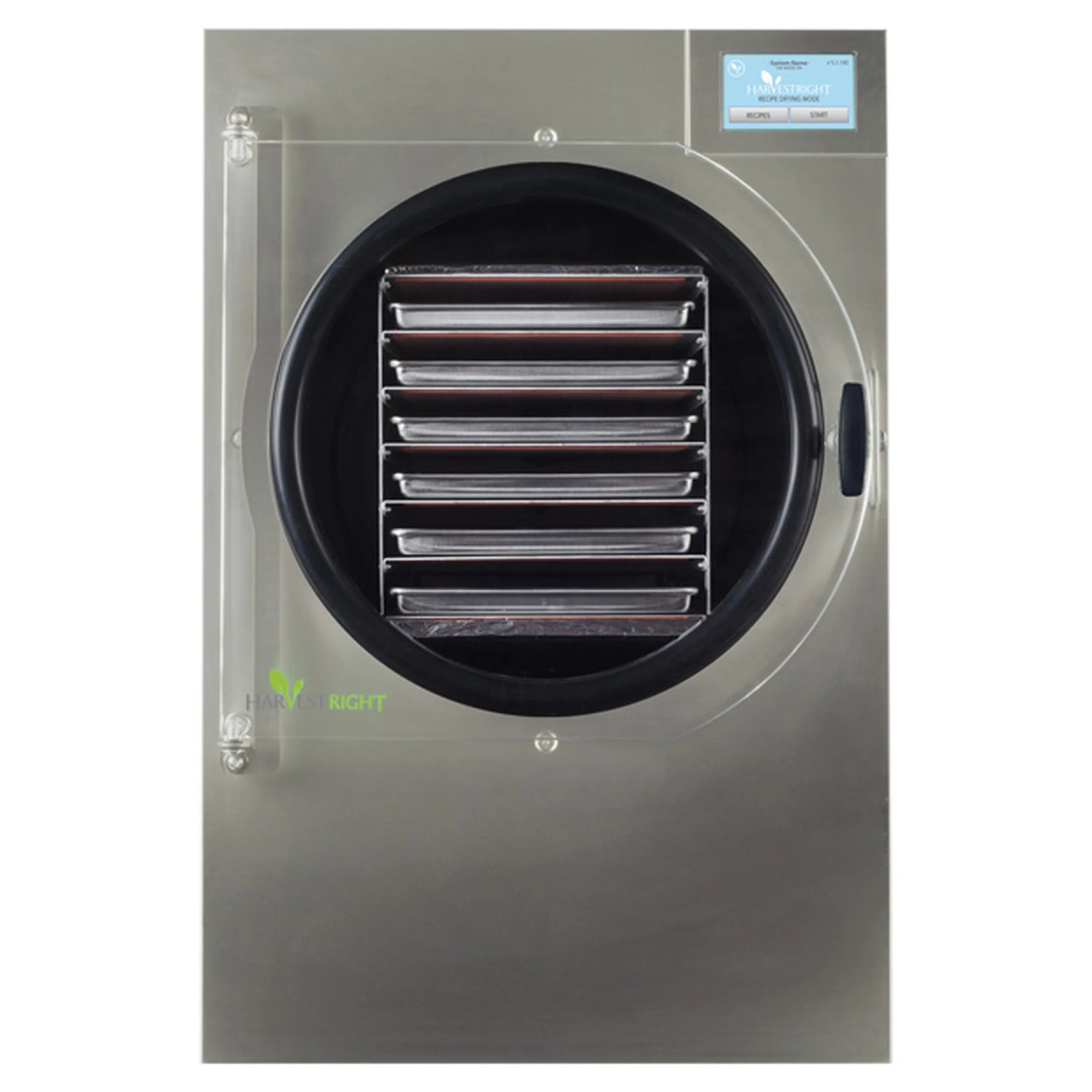 Front view of stainless steel freeze dryer with circular door and vented interior