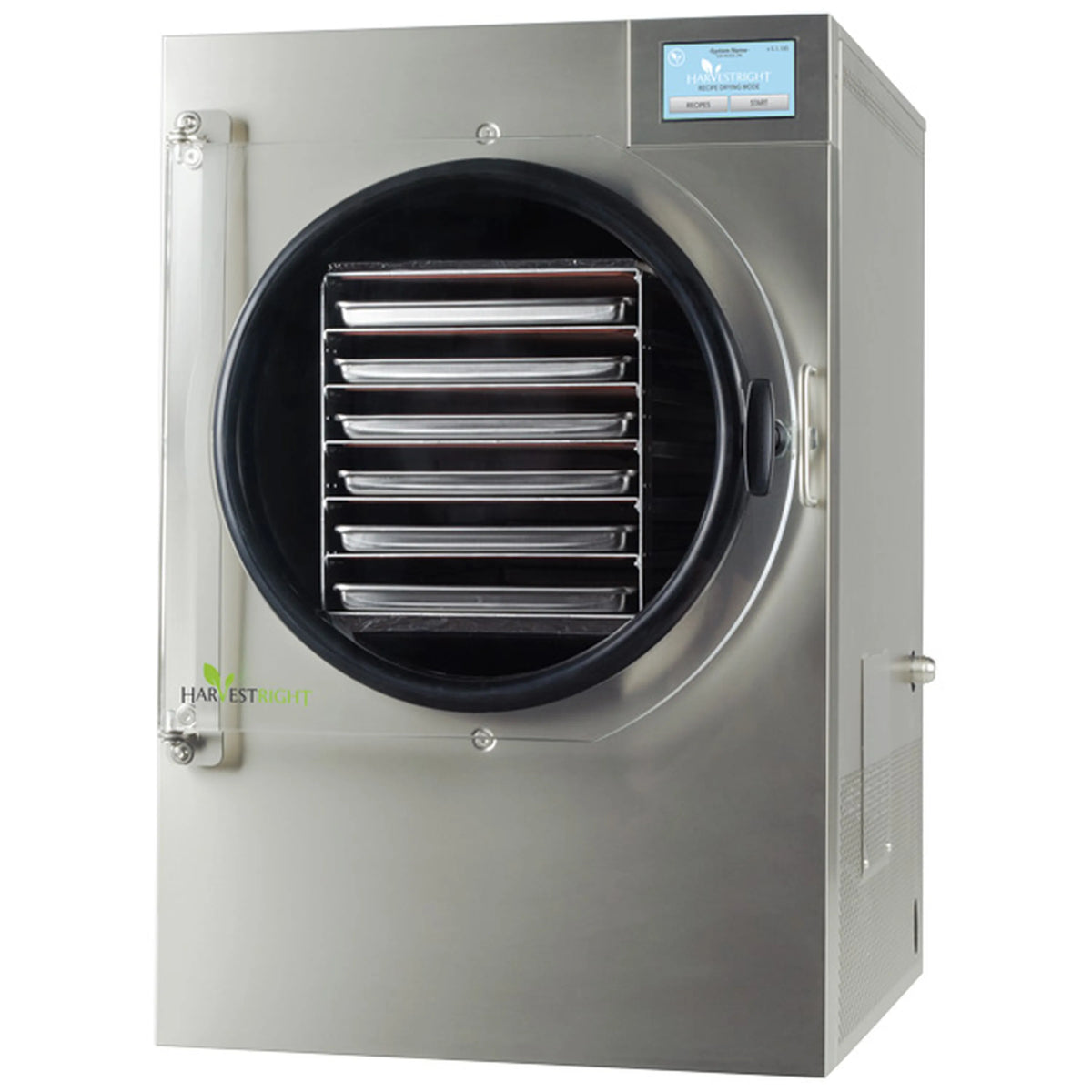 Stainless steel freeze dryer with round front door and digital display panel