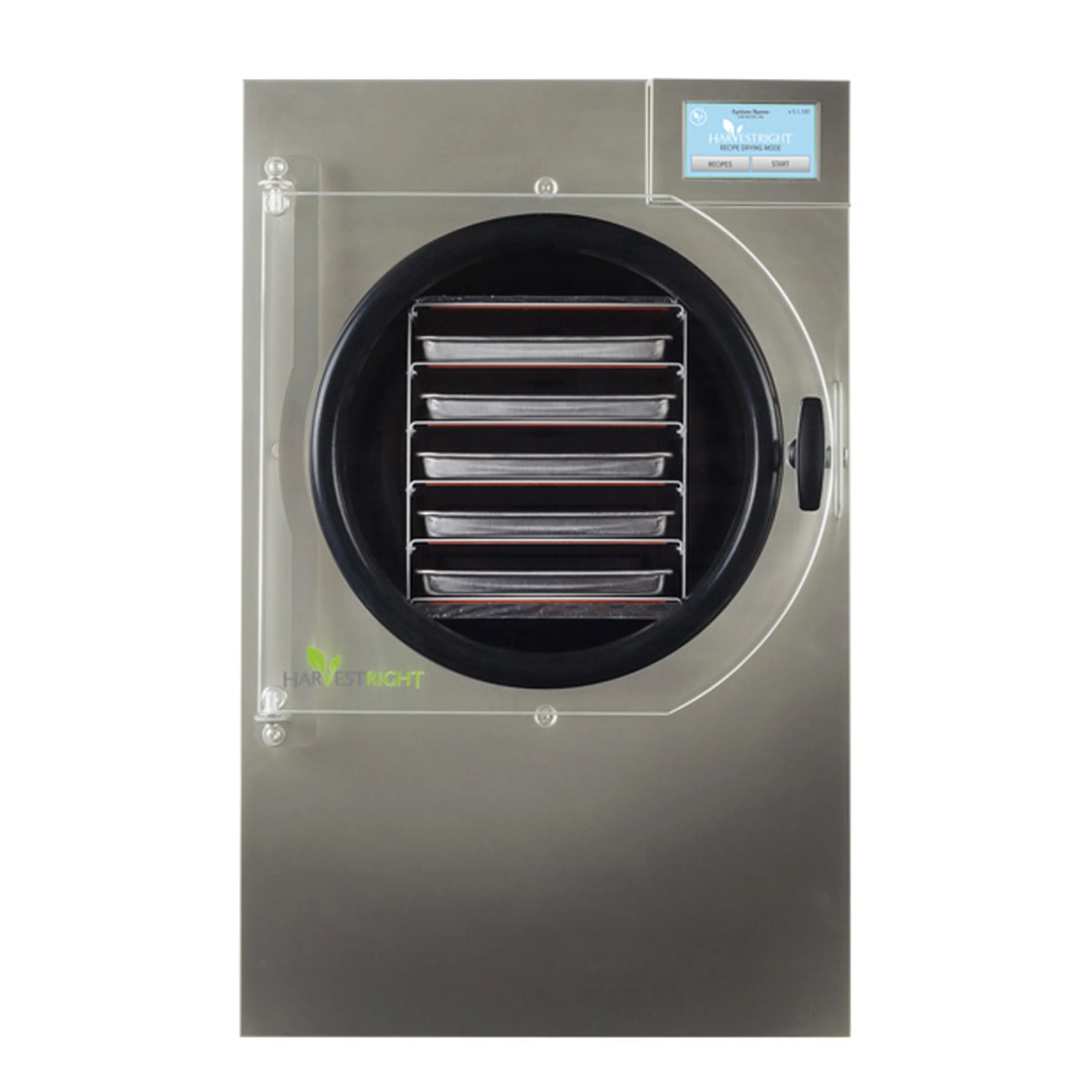 Stainless steel freeze dryer with round drying chamber door and black interior seal