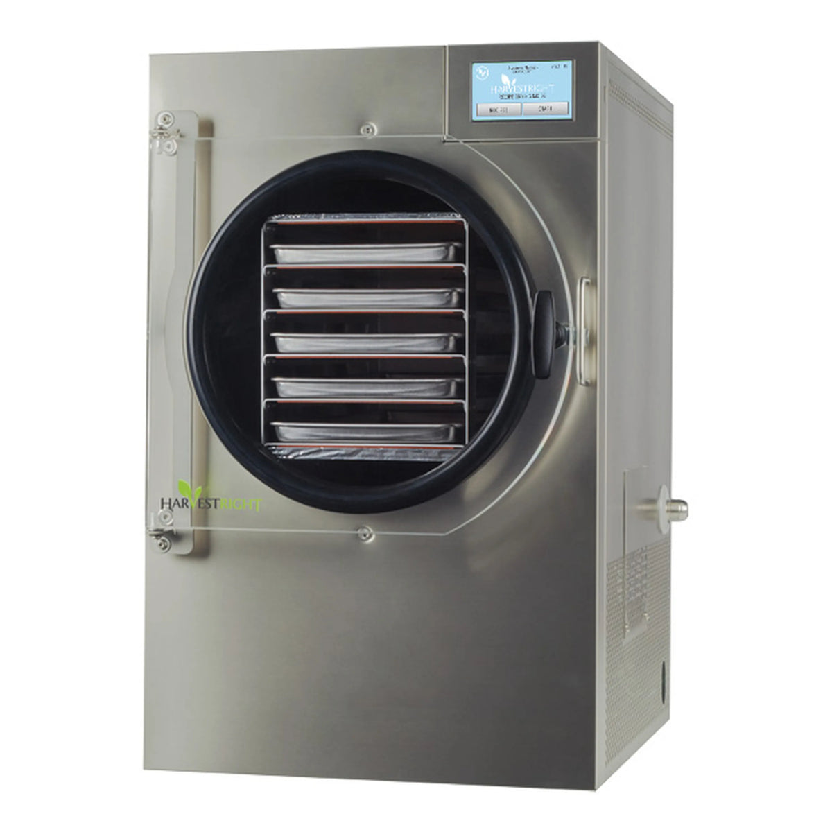 Stainless steel freeze dryer cabinet with round door, view into black drying chamber