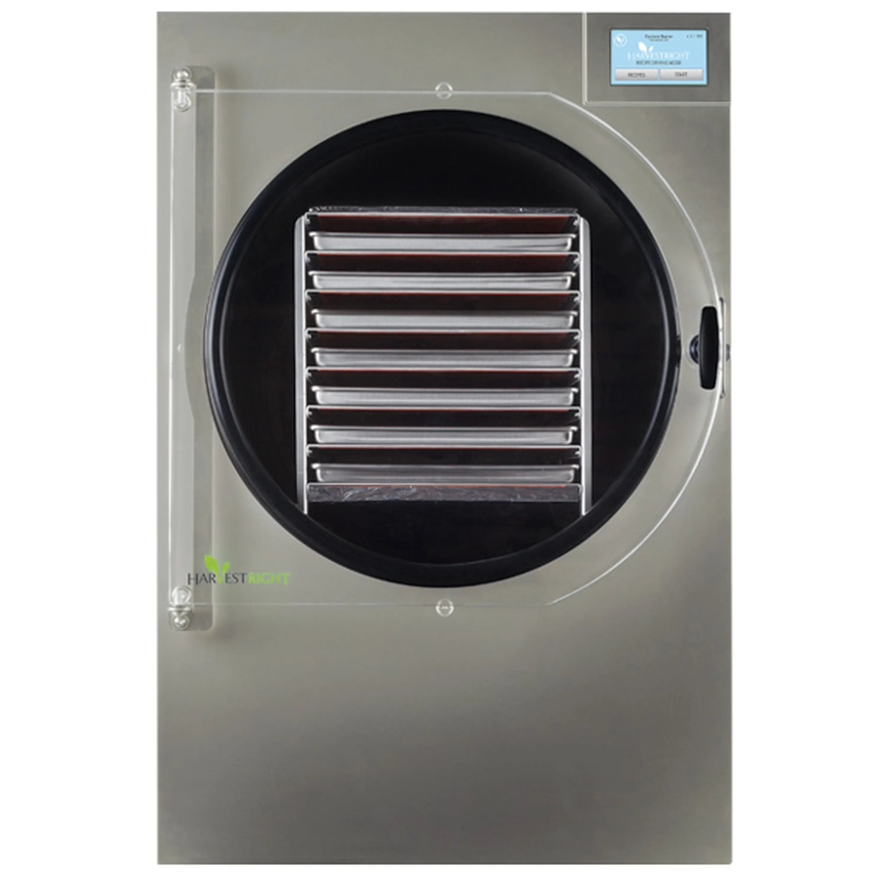 Stainless steel freeze dryer front with circular door and visible internal heating shelves