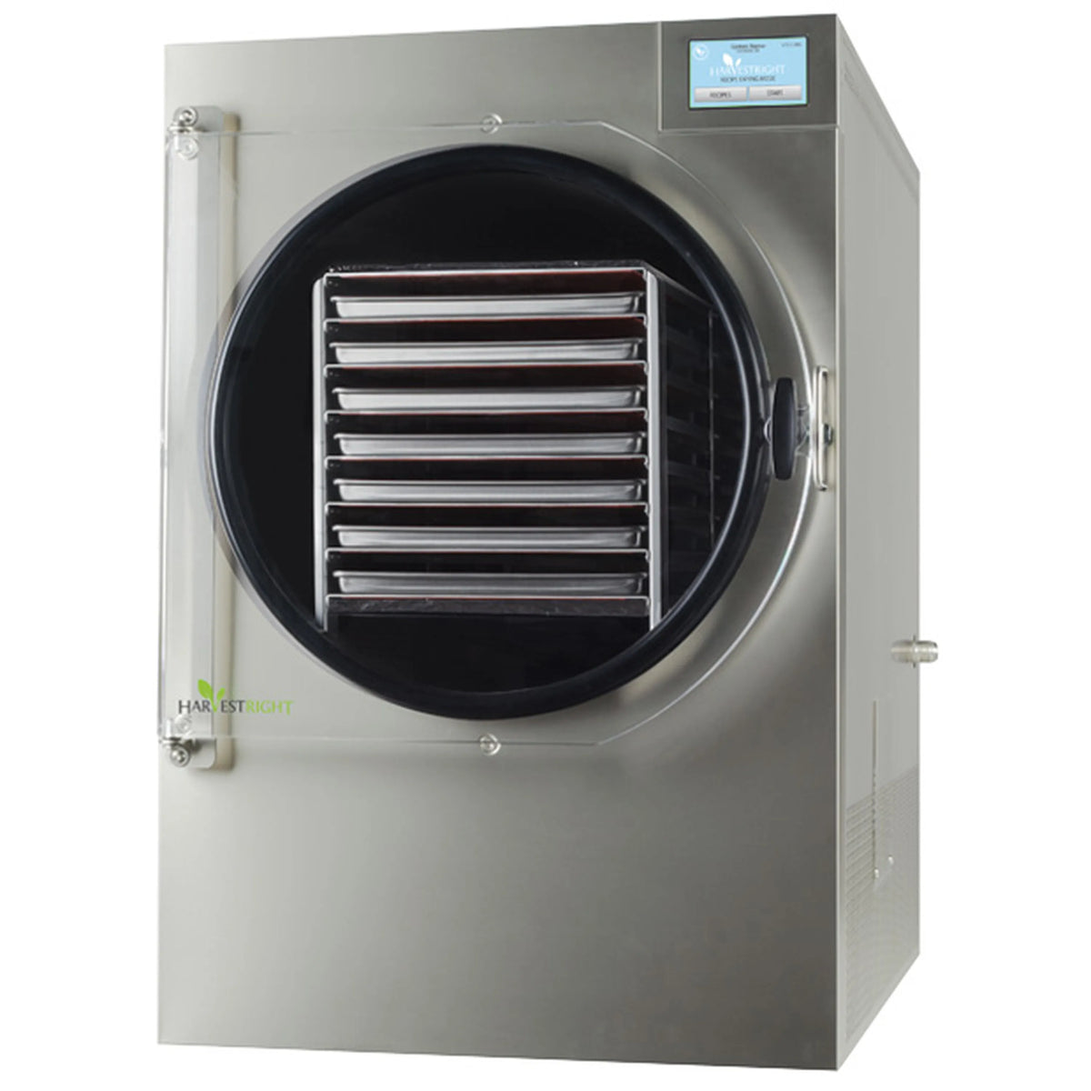 Stainless steel freeze dryer with round door, dark chamber, and internal shelf racks