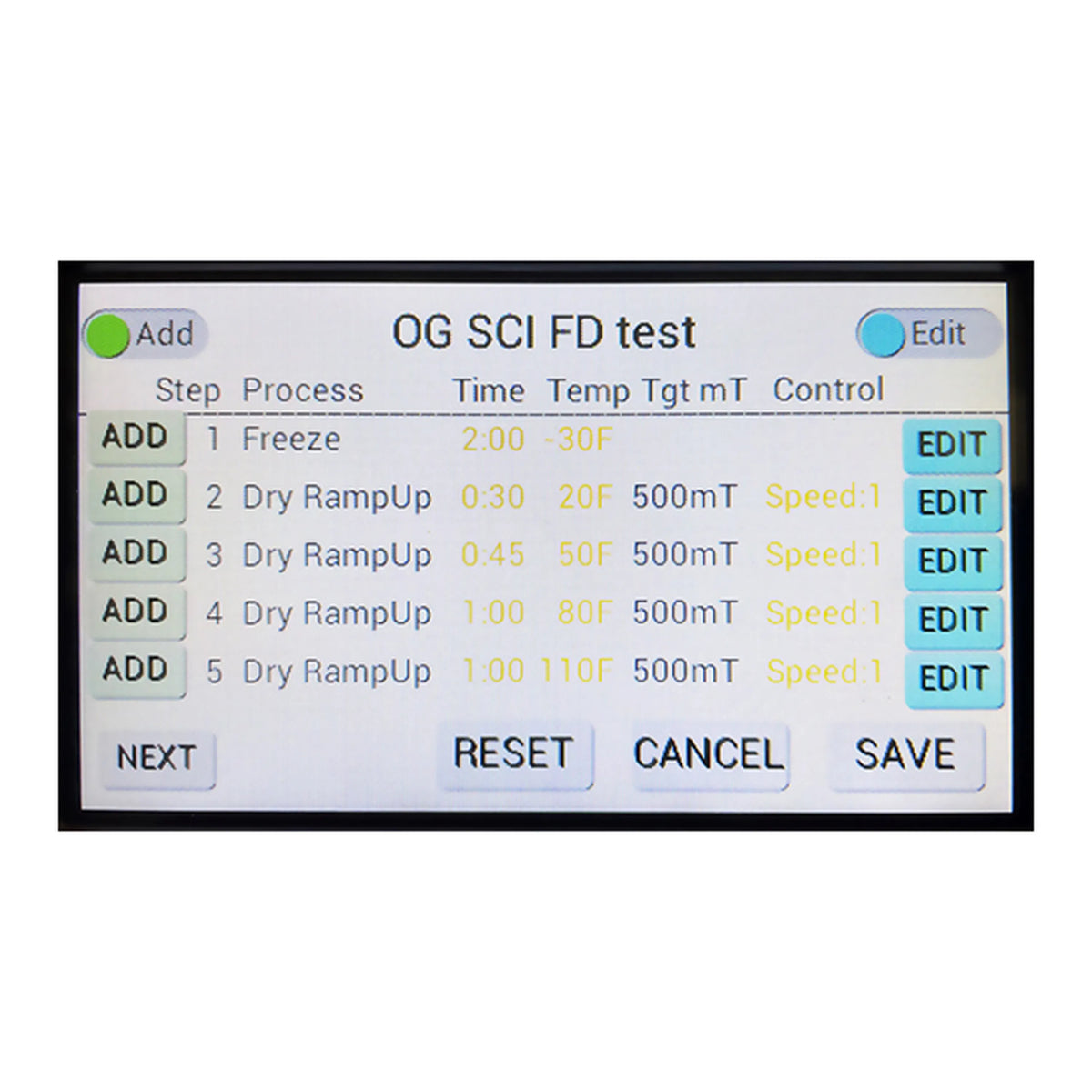 Freeze dryer control panel screen showing step process, time and temperature settings