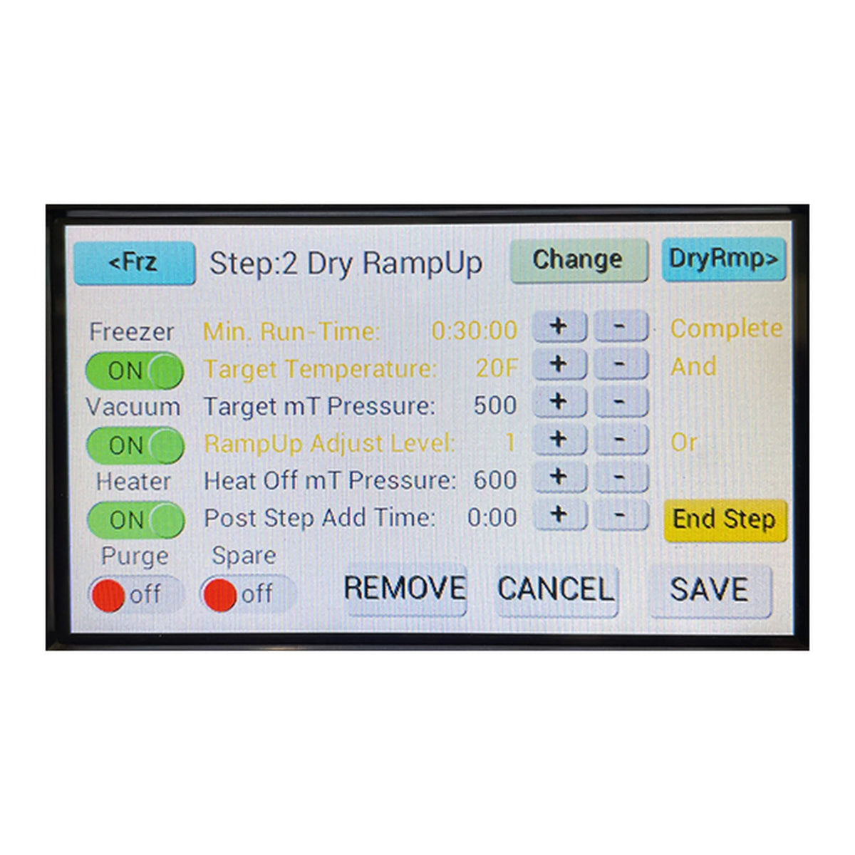 Freeze dryer control screen with Step 2 Dry RampUp settings for vacuum pressure and heat