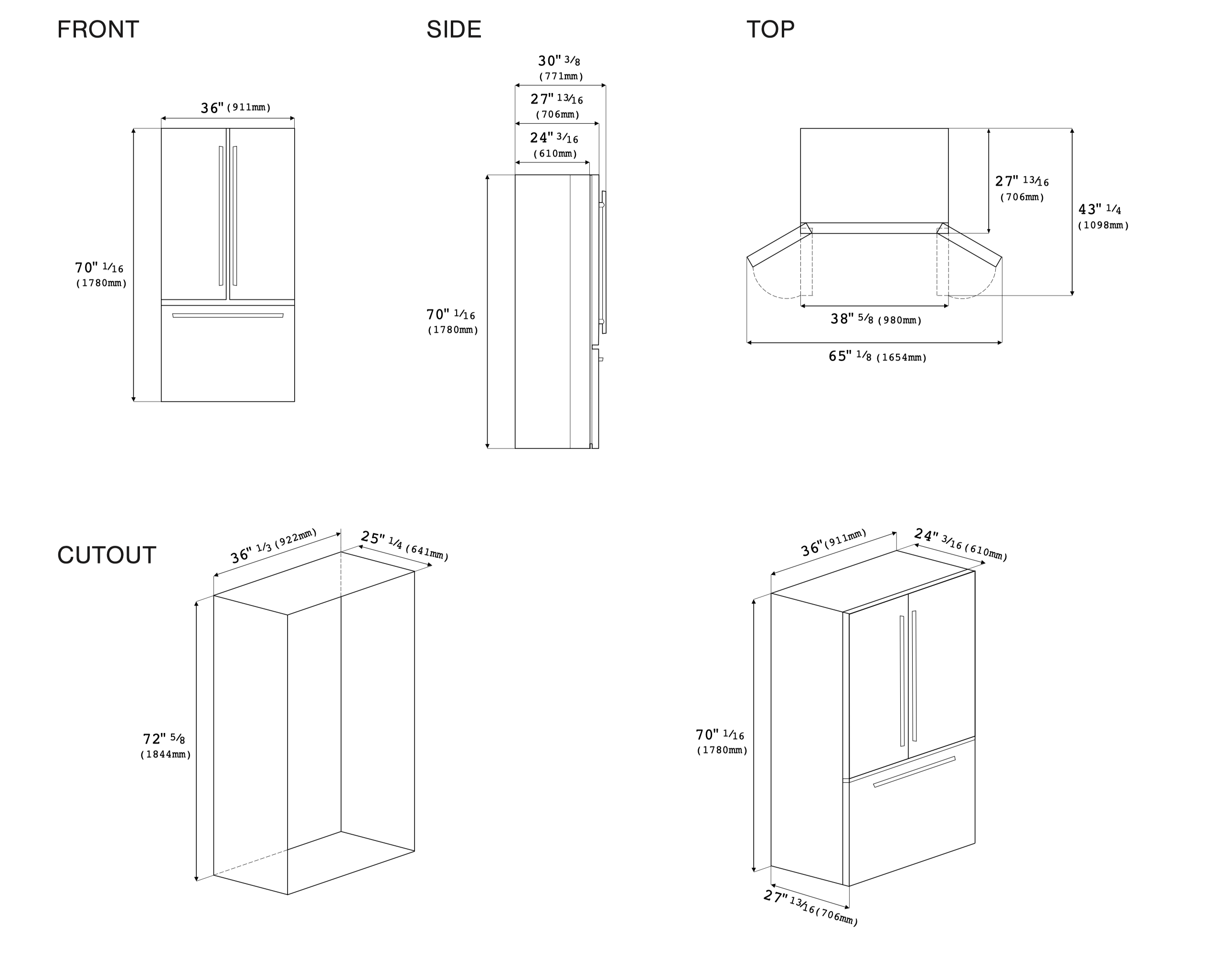 Appliance cutout and dimension layout diagram for included units