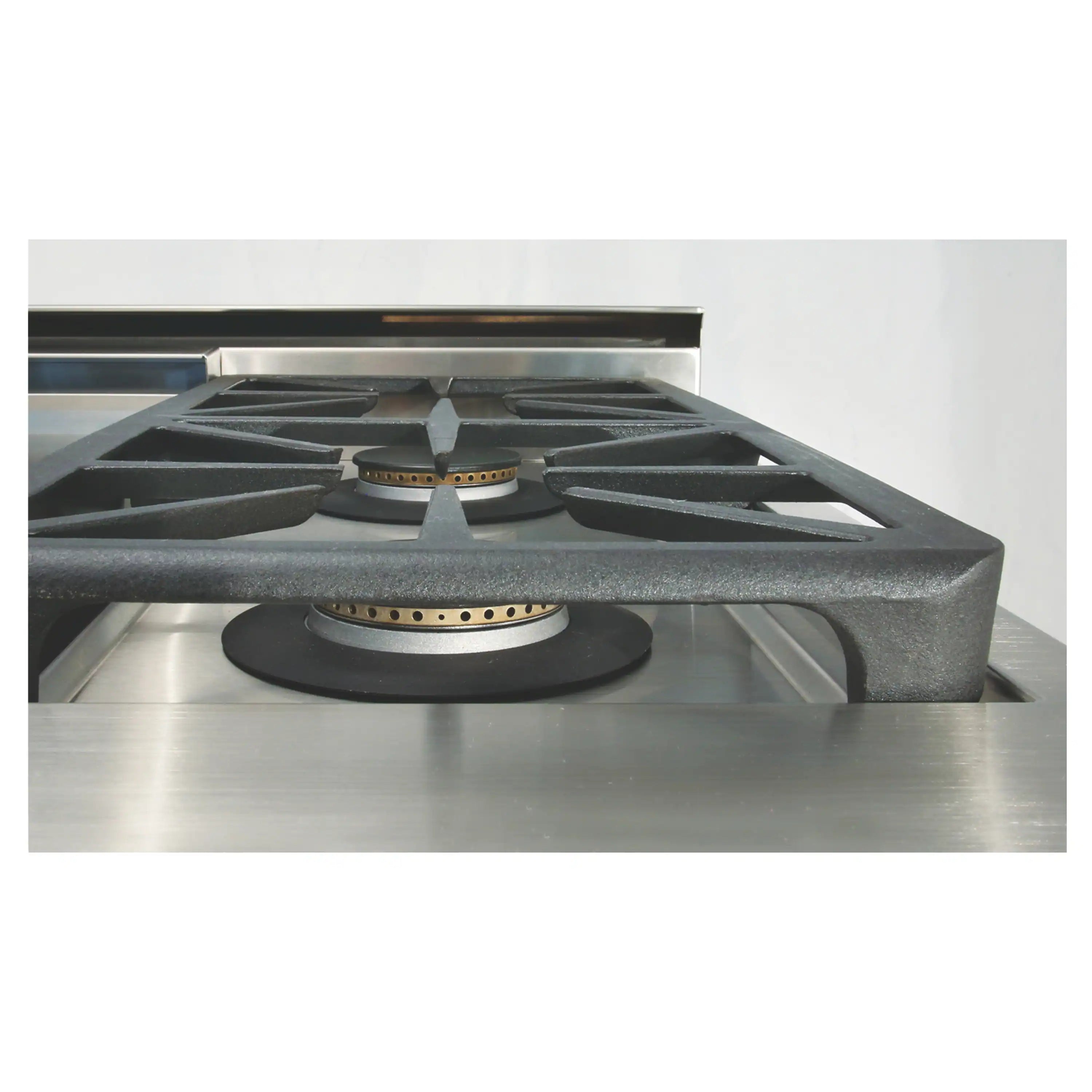 Stainless steel gas burner with black cast-iron grate and burner cap detail