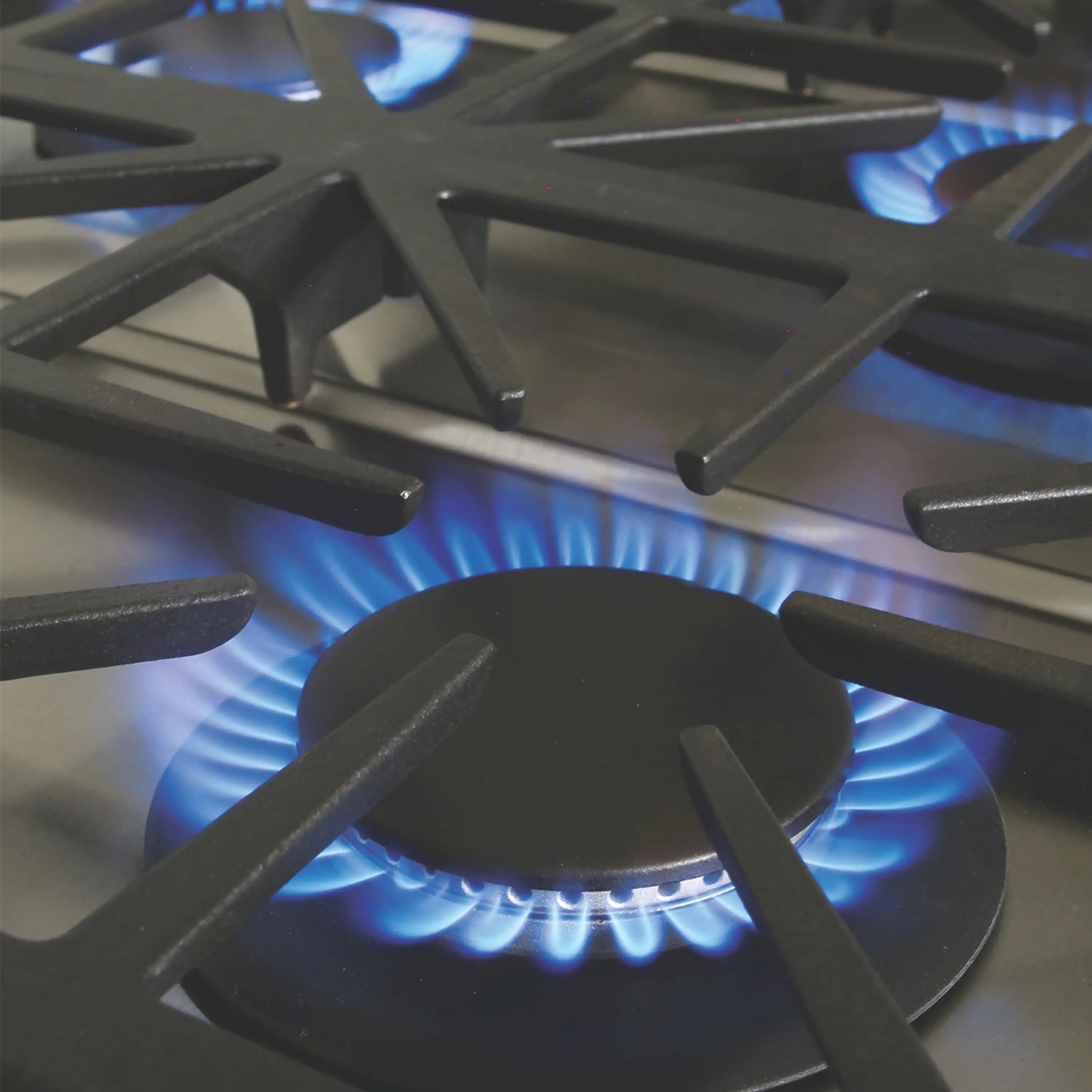 Dual fuel range burner with blue gas flame under black burner grate