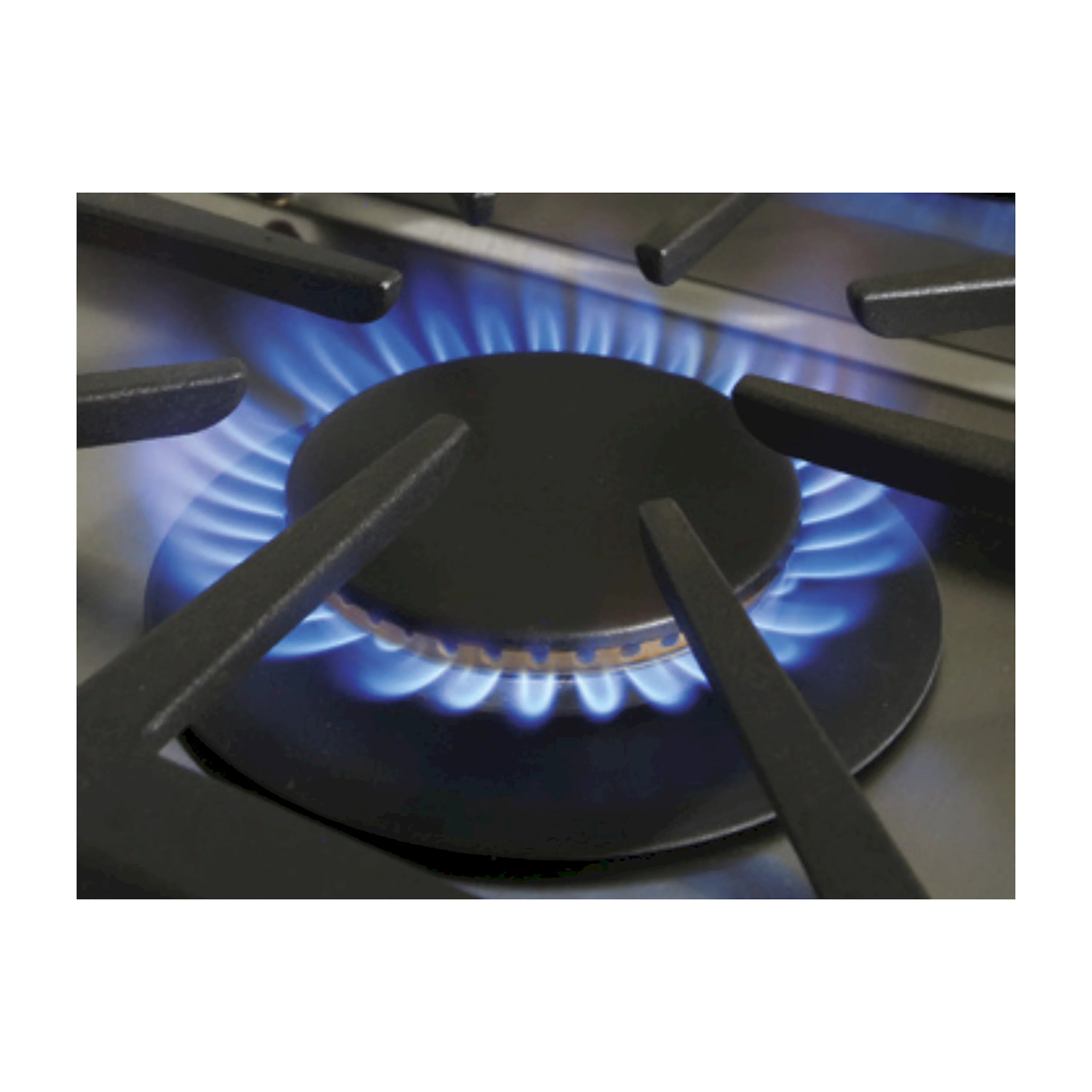 Gas grill burner with blue flame under cast-iron grates