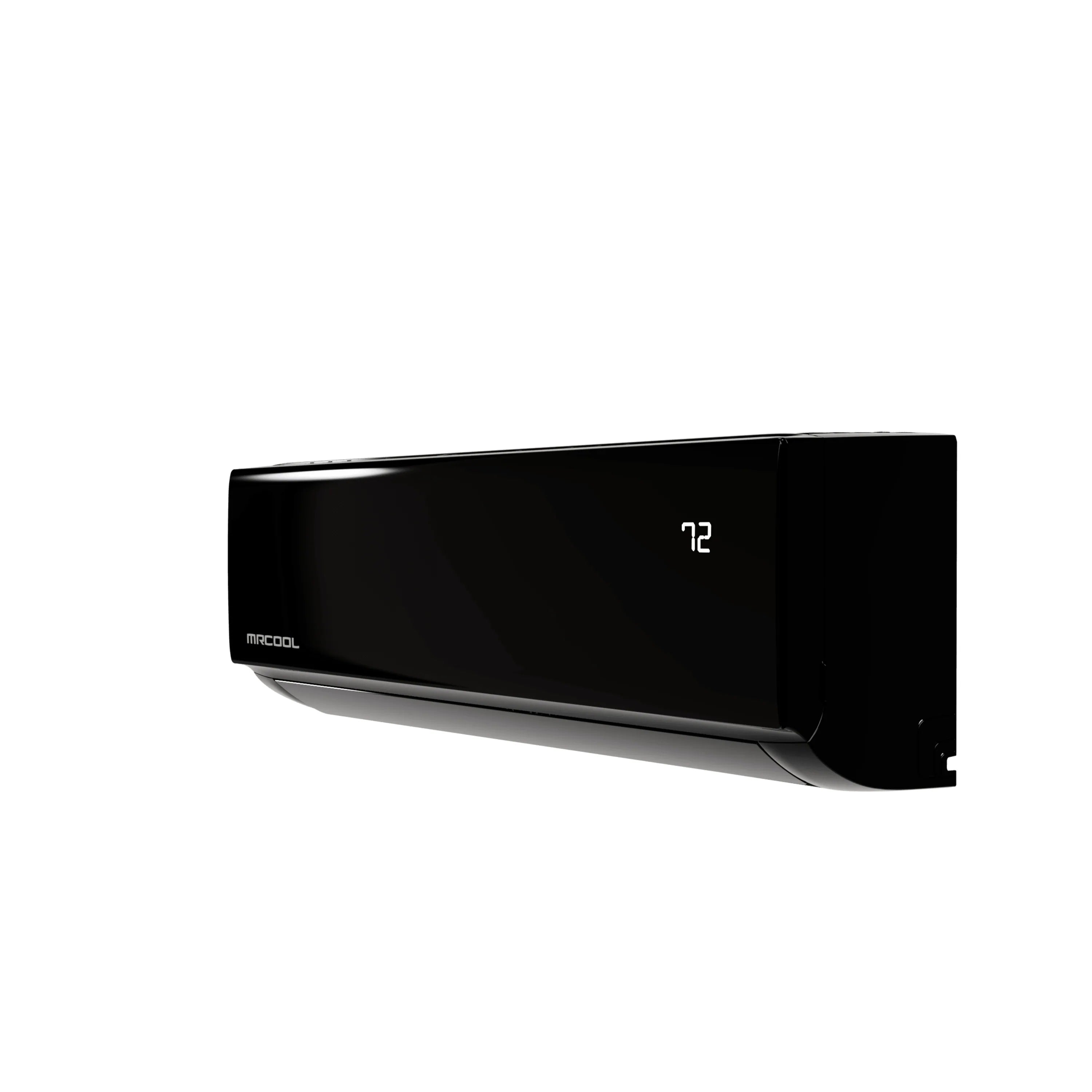 MRCOOL wall-mounted mini split indoor unit, black finish, front display reads 72°F