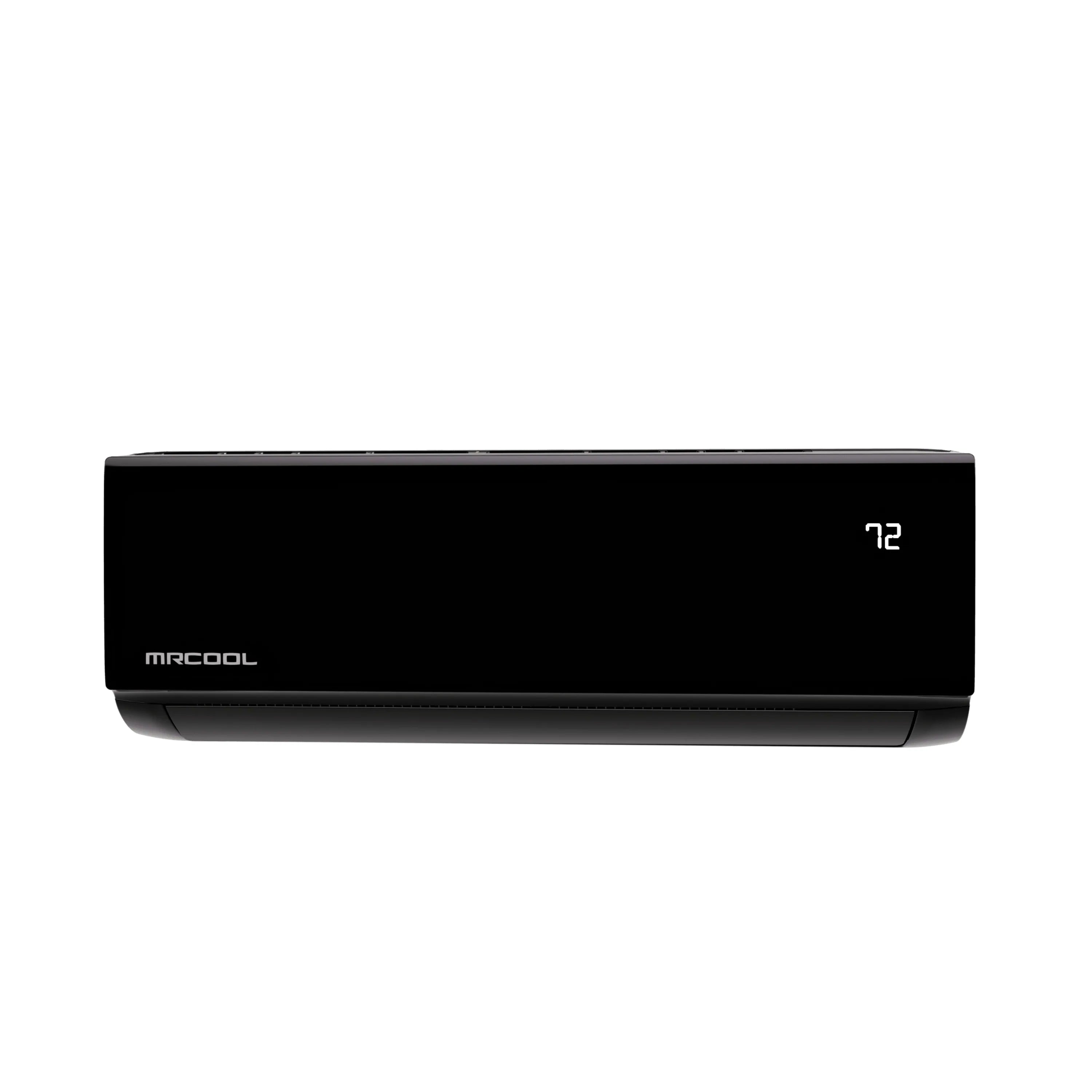 Black ductless mini split indoor wall unit, front view with 12 display