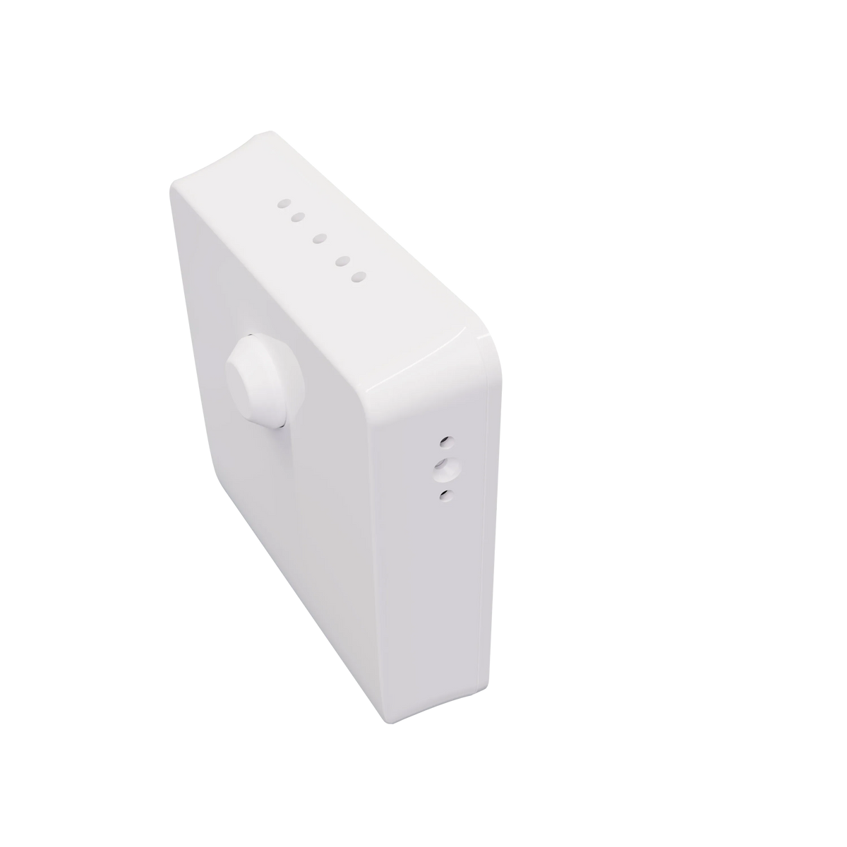 MRCOOL room sensor in white with circular button and side vent holes, angled view