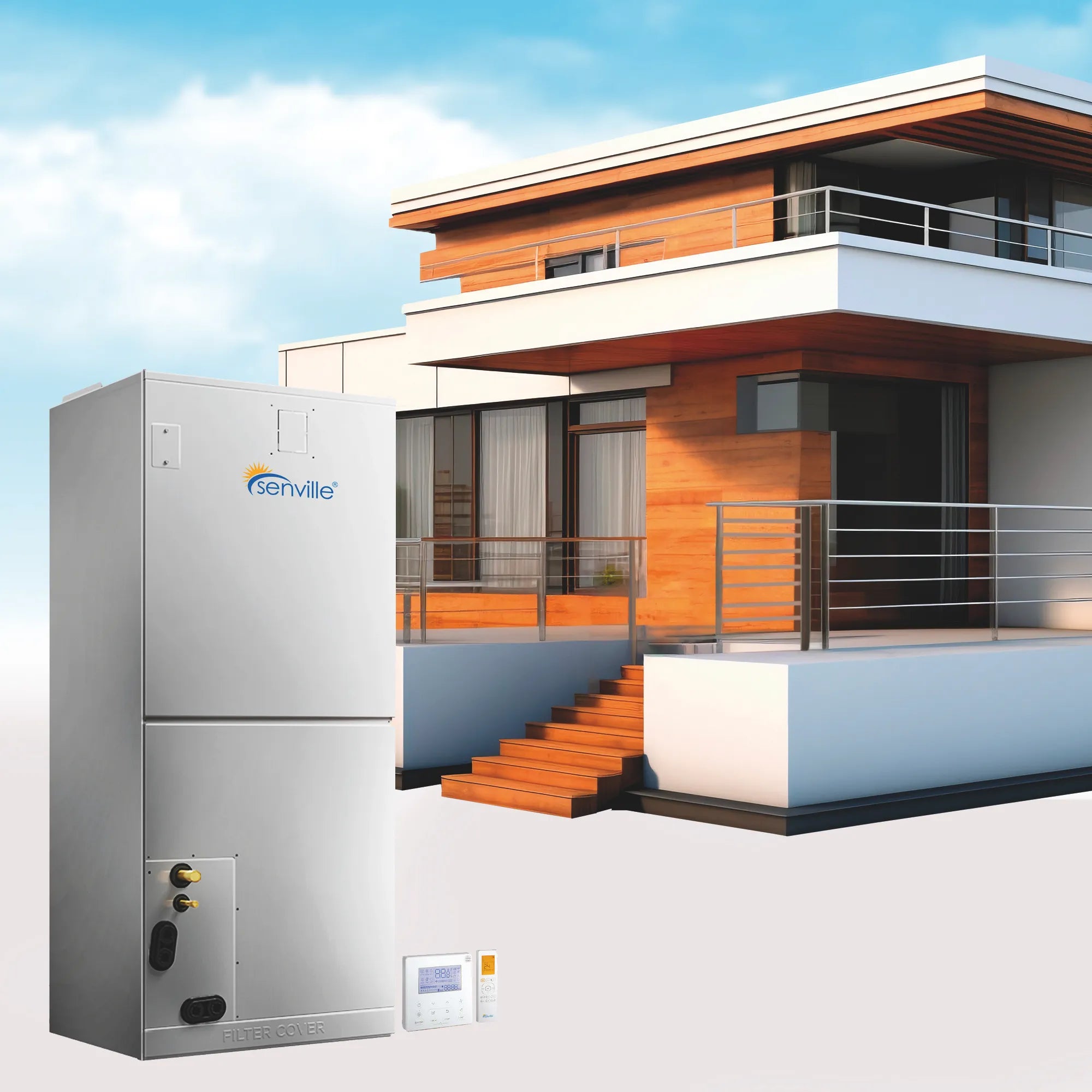 Outdoor mini split heat pump condenser on concrete pad beside house exterior