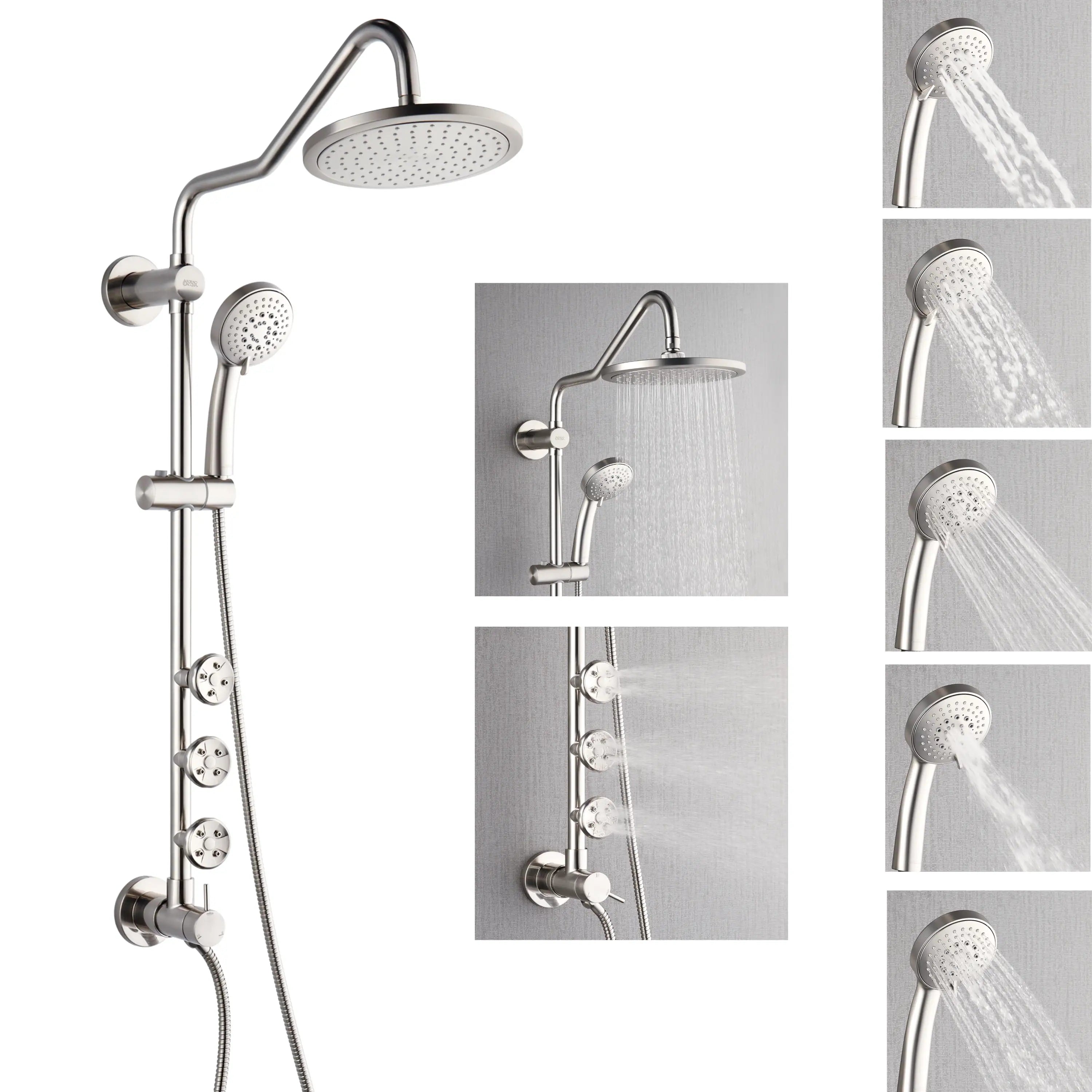 Brushed nickel rainfall shower kit with handheld sprayer, hose, and diverter controls