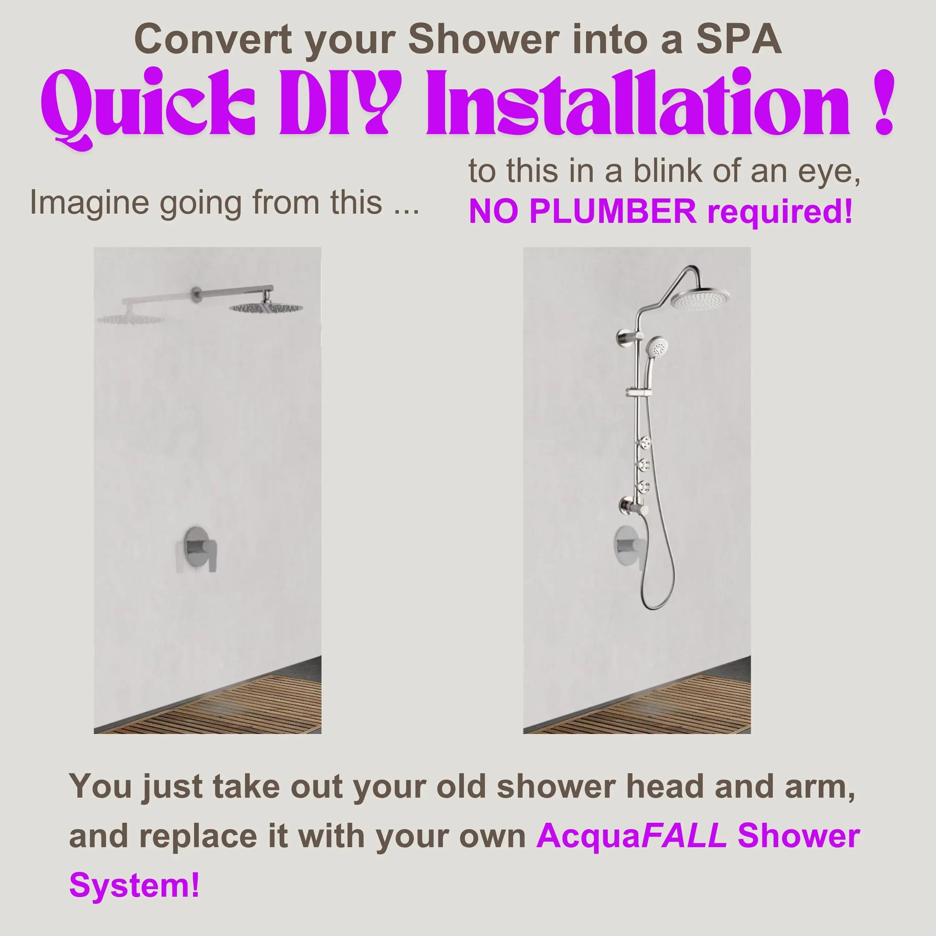 Brushed nickel shower system for quick DIY swap of shower head and arm