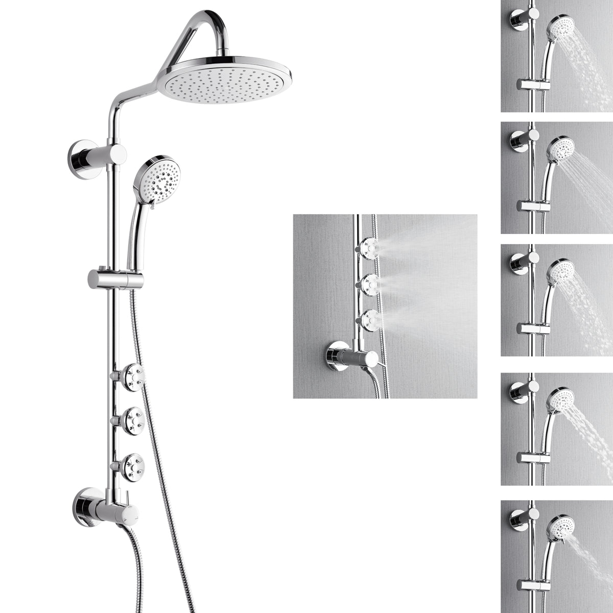 Polished stainless steel shower system set with rainfall head, handheld, and body jets