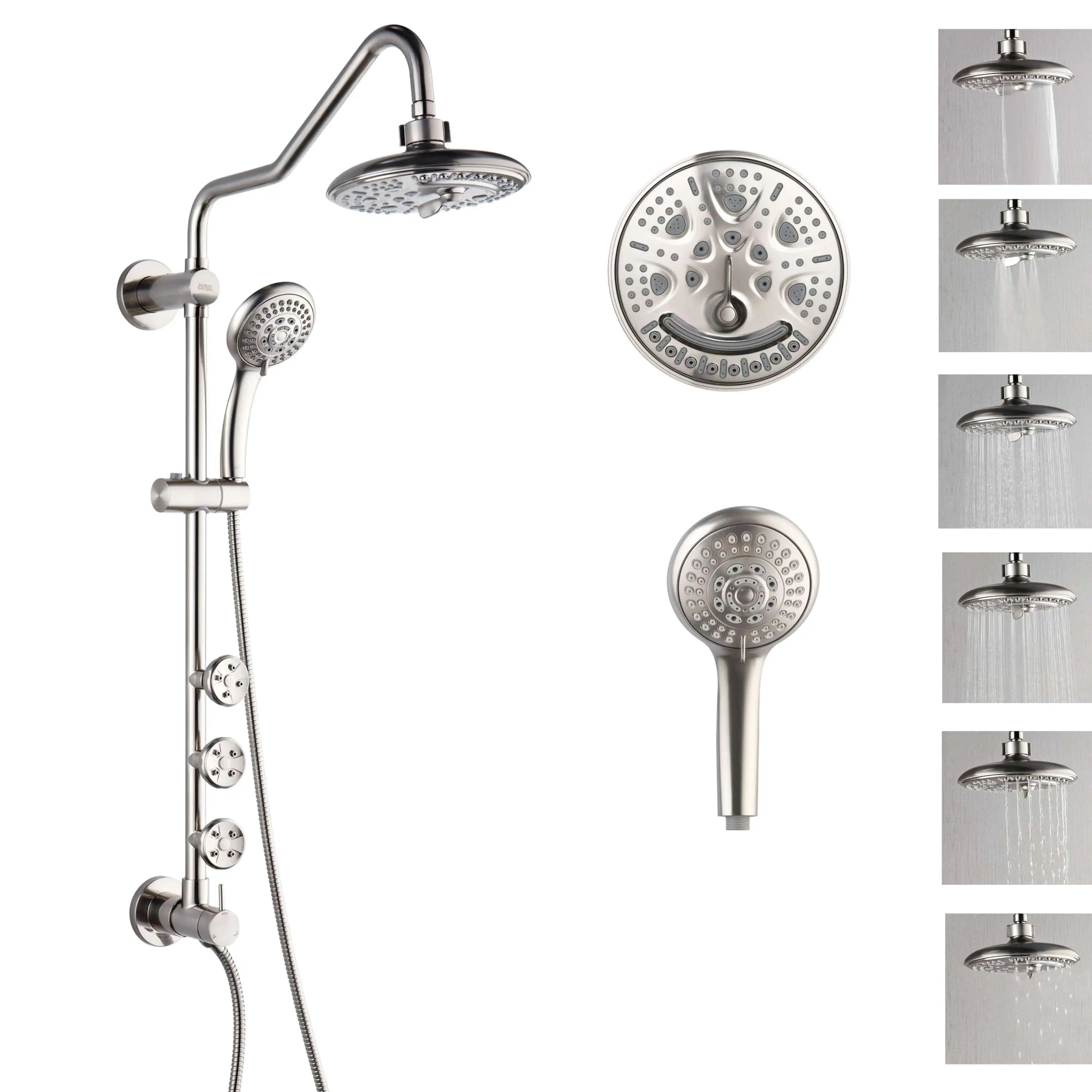 Brushed nickel shower head set: overhead rain, handheld sprayer, and jet spray patterns