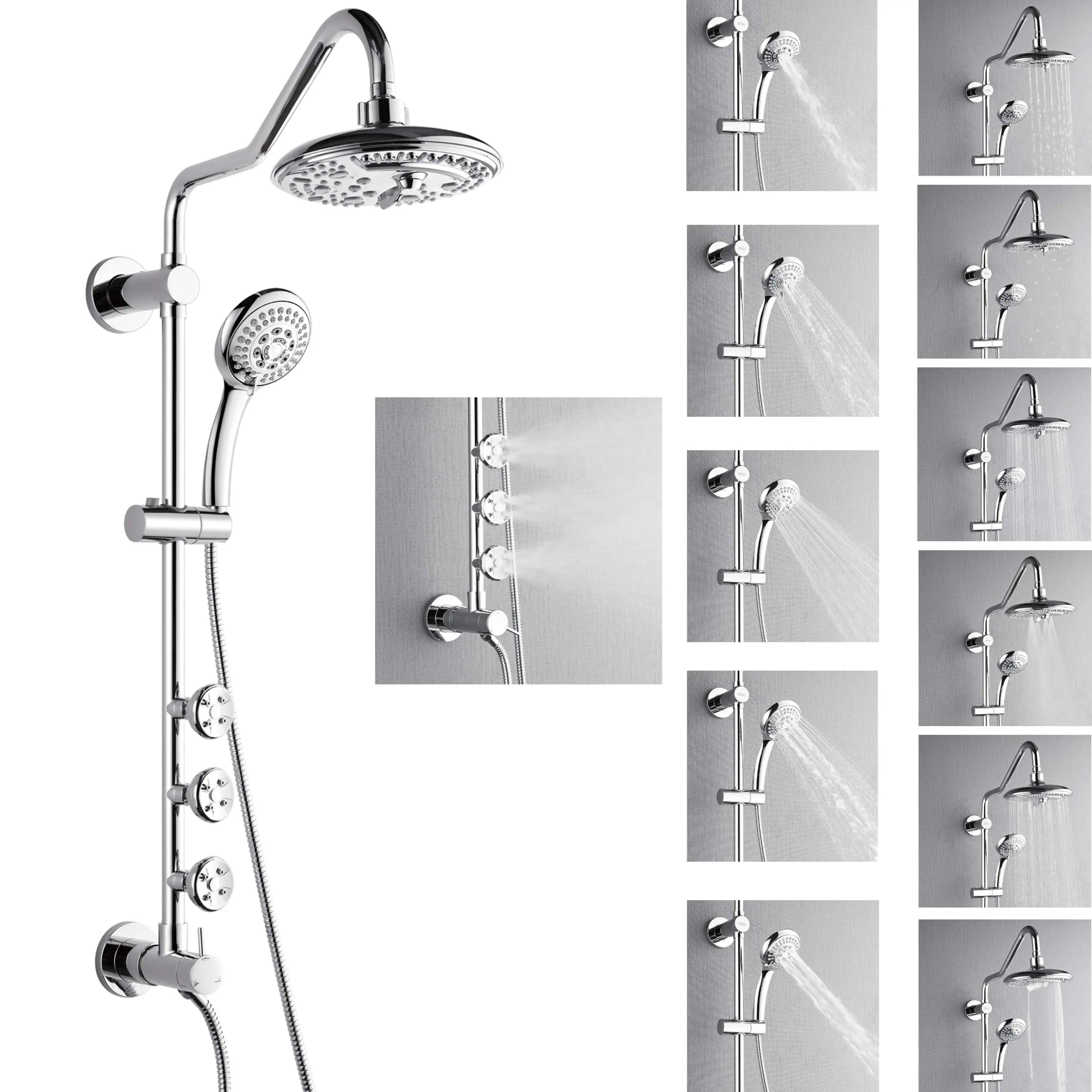 Stainless steel shower rail with overhead rainfall head, handheld, and body jets