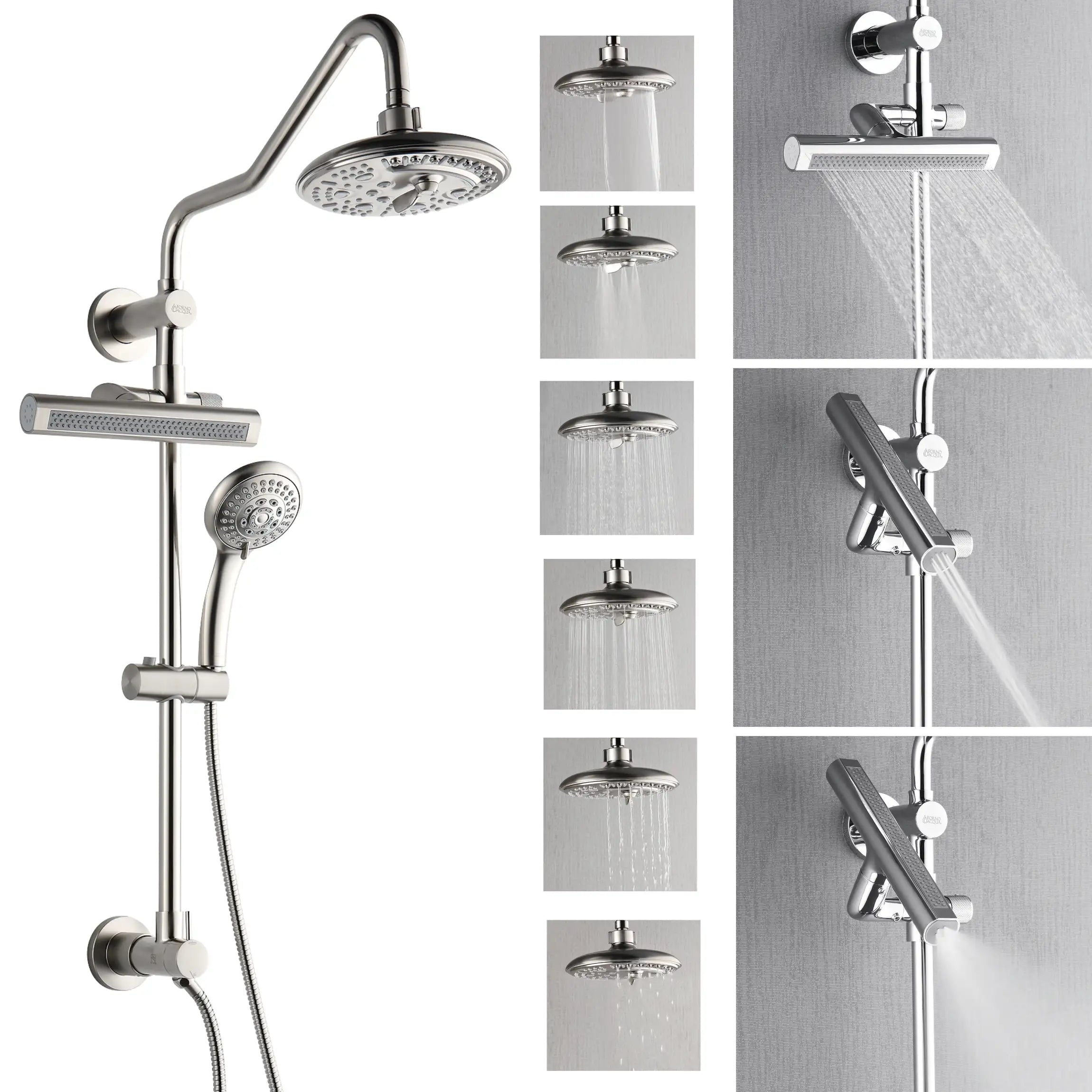 Brushed nickel shower set with 8-inch rainfall head, handheld, and diverter