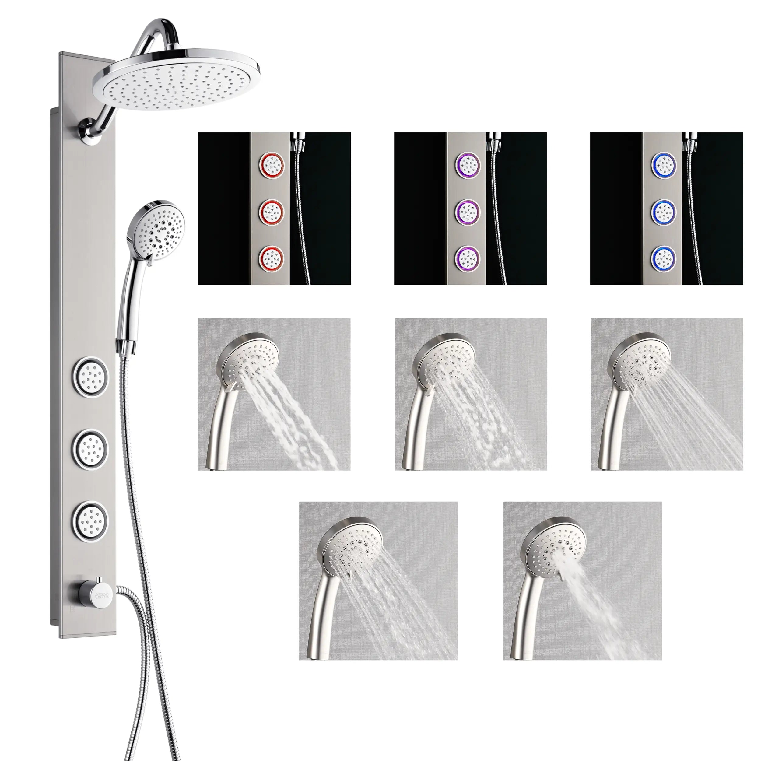 Stainless steel shower panel with overhead rain head, handheld sprayer, and body jets