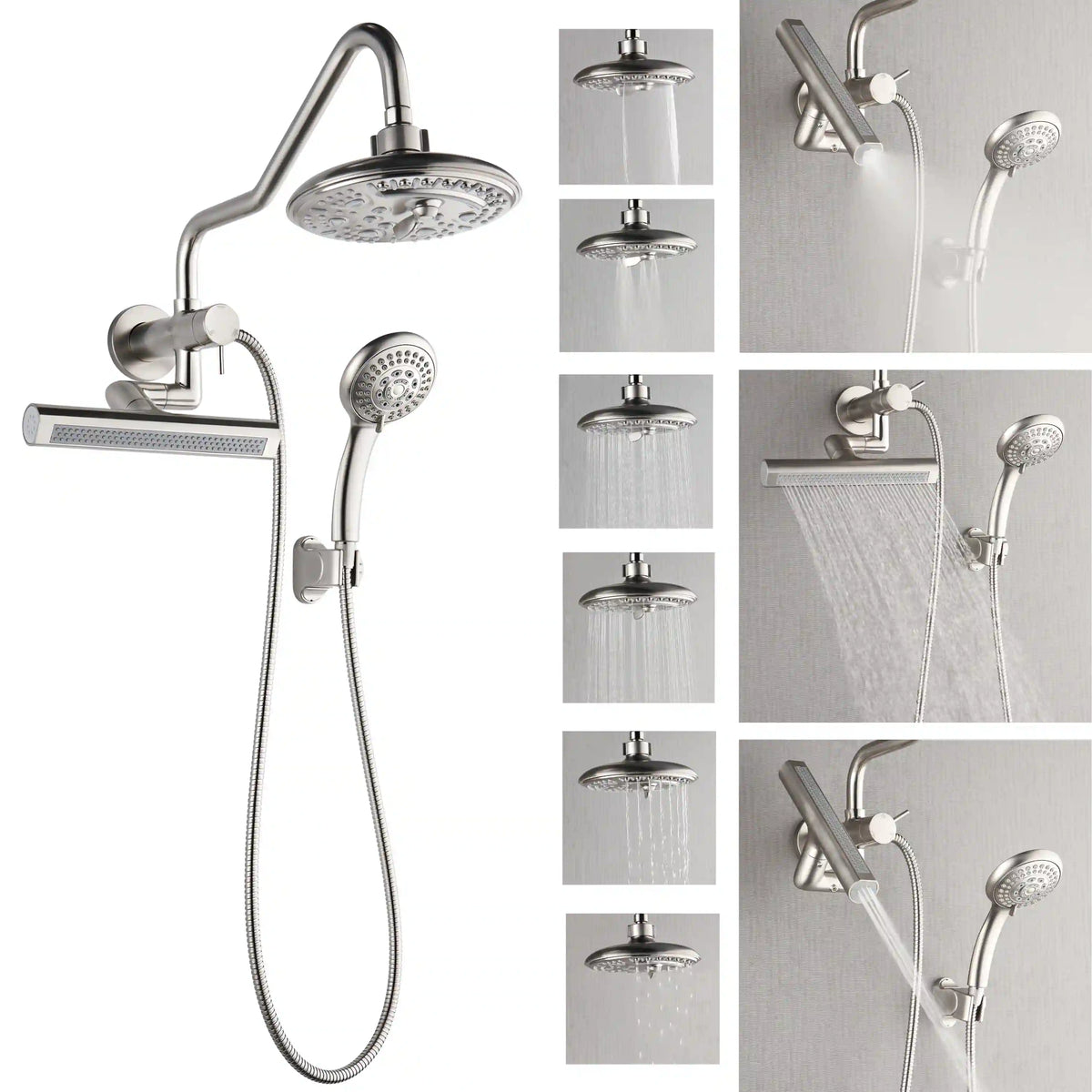 Brushed nickel shower set collage showing overhead, handheld, and multiple spray options