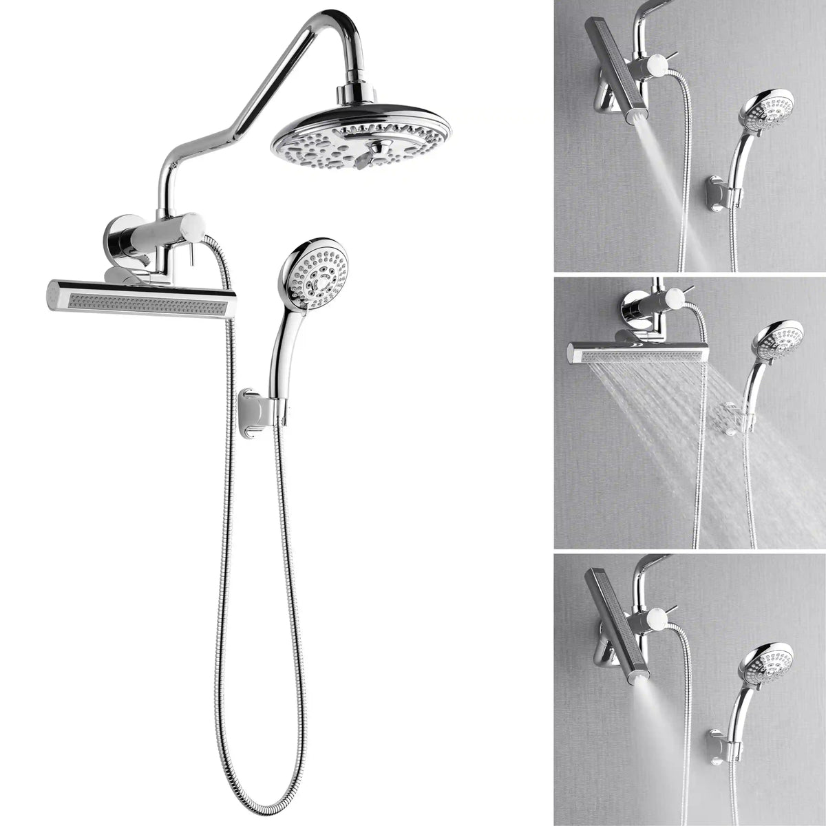 Wall-mounted rainfall shower system with overhead round head, handheld sprayer, and body jets