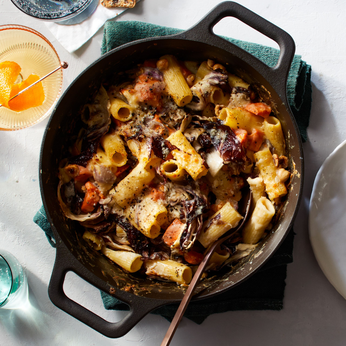 Field Company cast iron dutch oven filled with pasta and meat, open-top