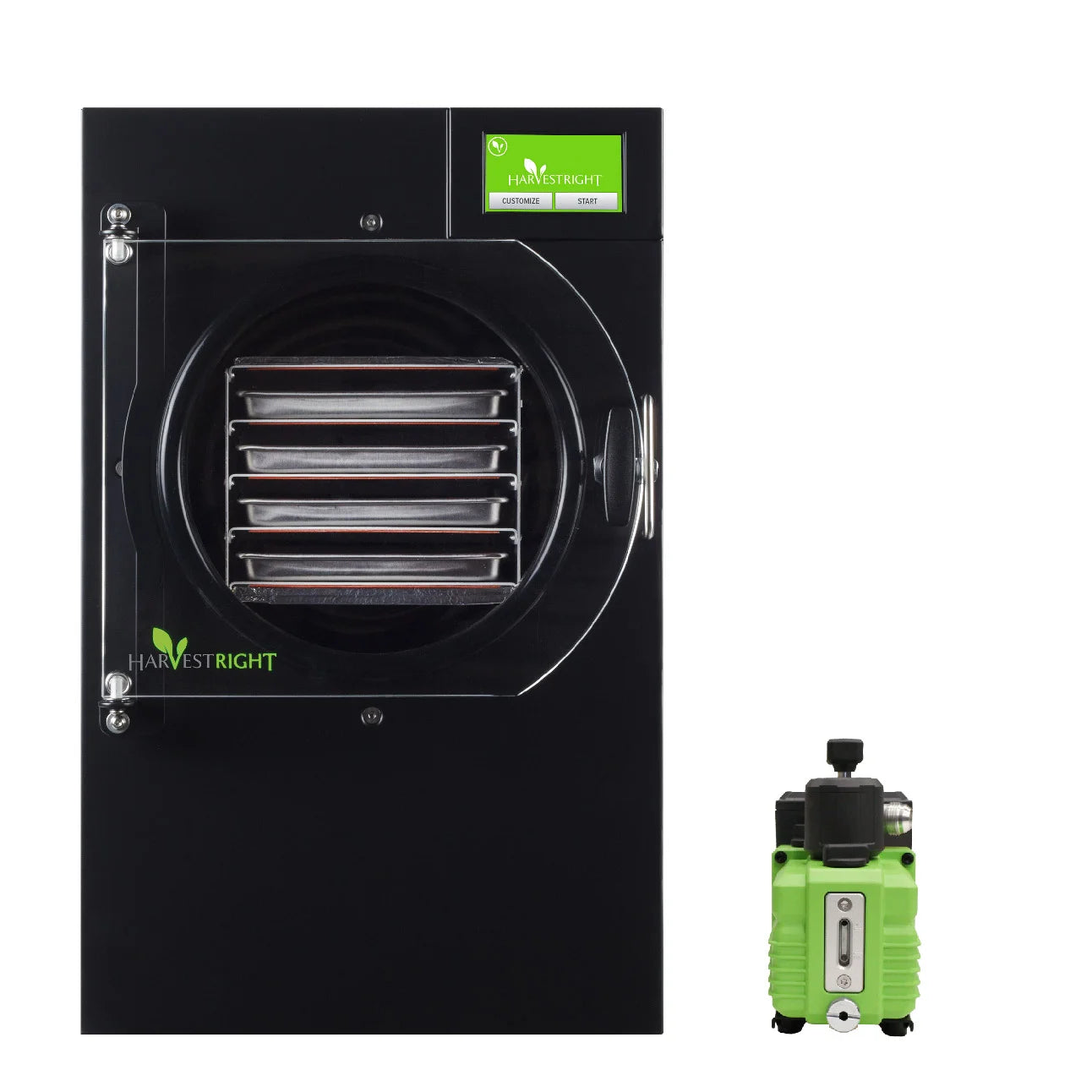 Black home freeze dryer with vacuum chamber and attached green pump unit