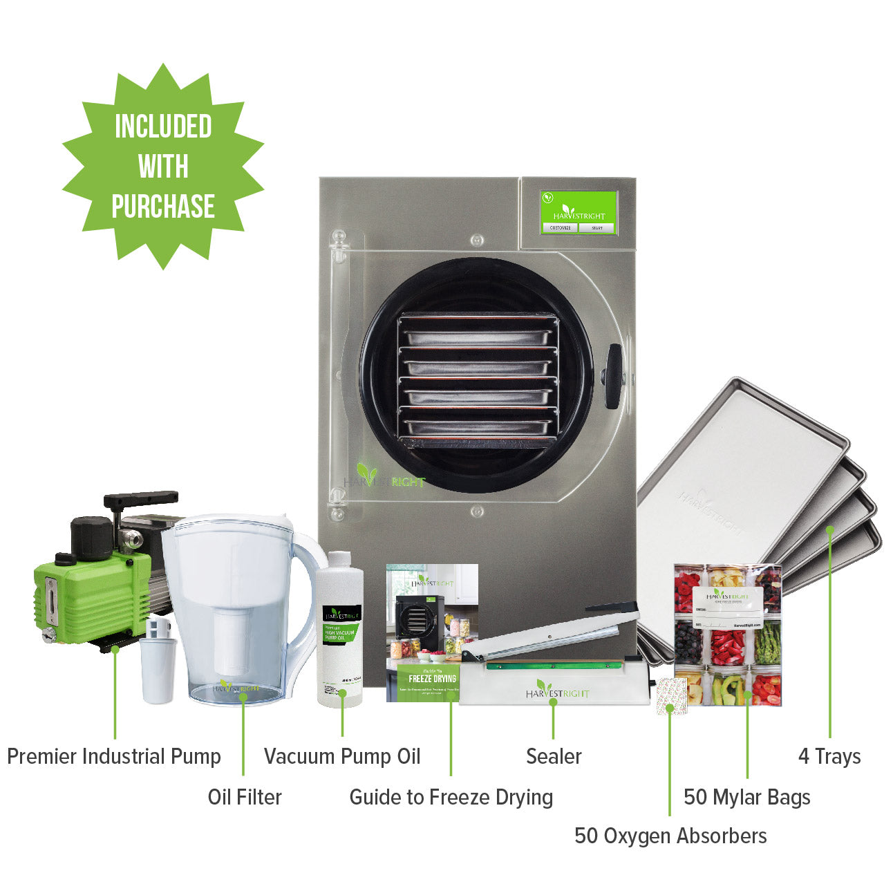 Stainless steel freeze dryer kit with 4 trays, vacuum pump, sealer, mylar bags