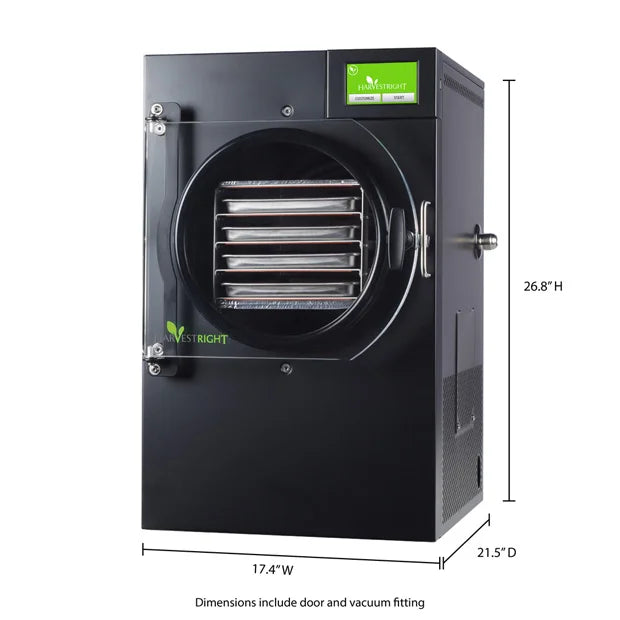 Black home freeze dryer with open door and front vacuum chamber, with size markings