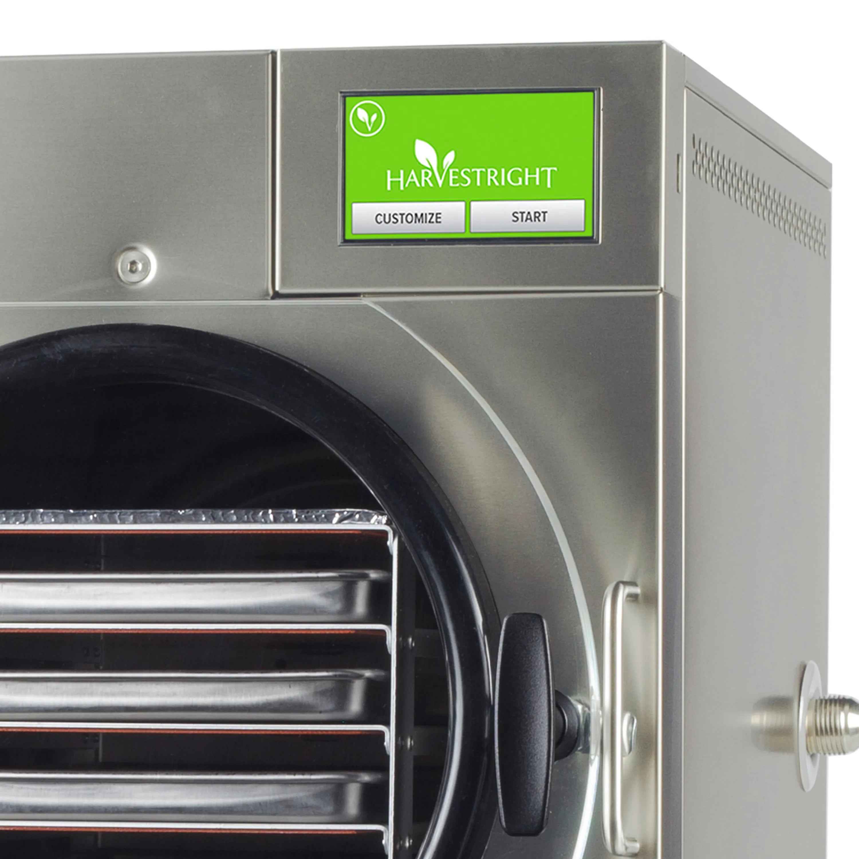 Stainless steel freeze dryer control panel above round loading door
