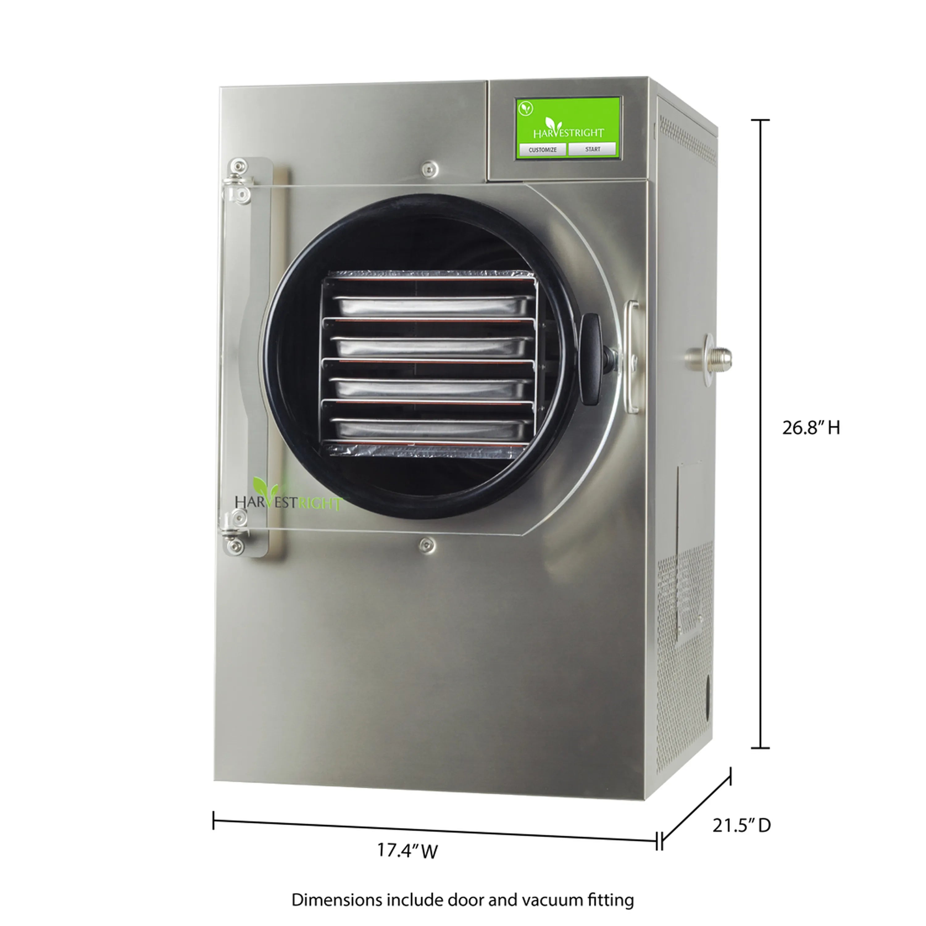 Stainless steel freeze dryer with round door, handle, and labeled dimensions