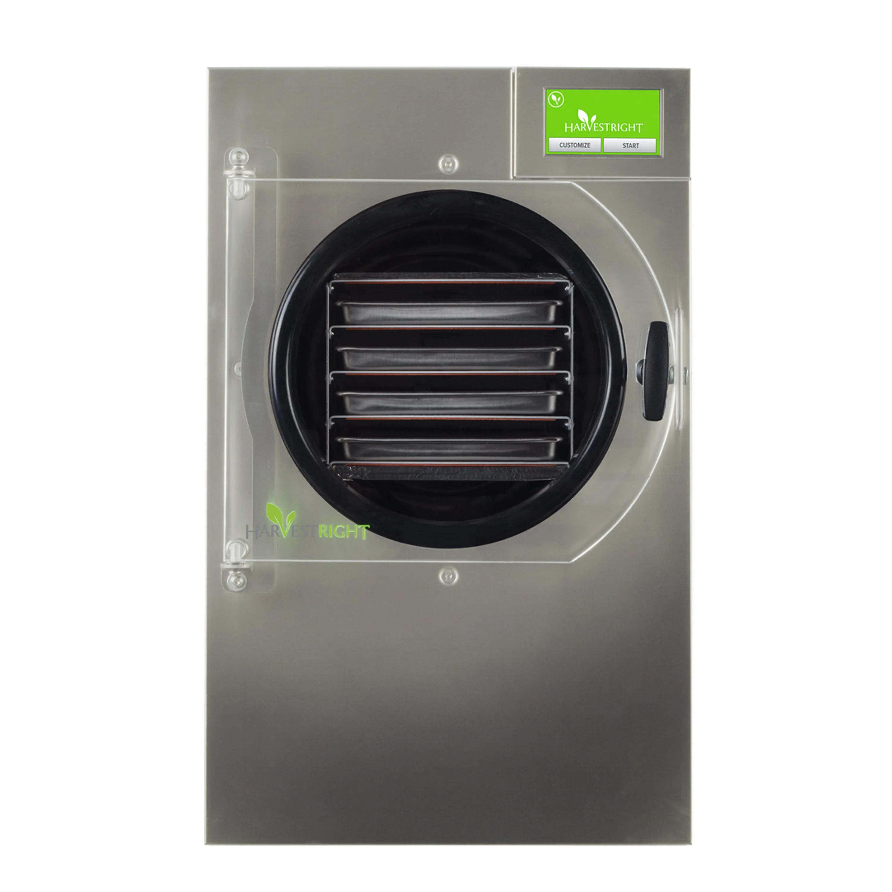 Stainless steel freeze dryer door with round loading chamber and stacked black trays