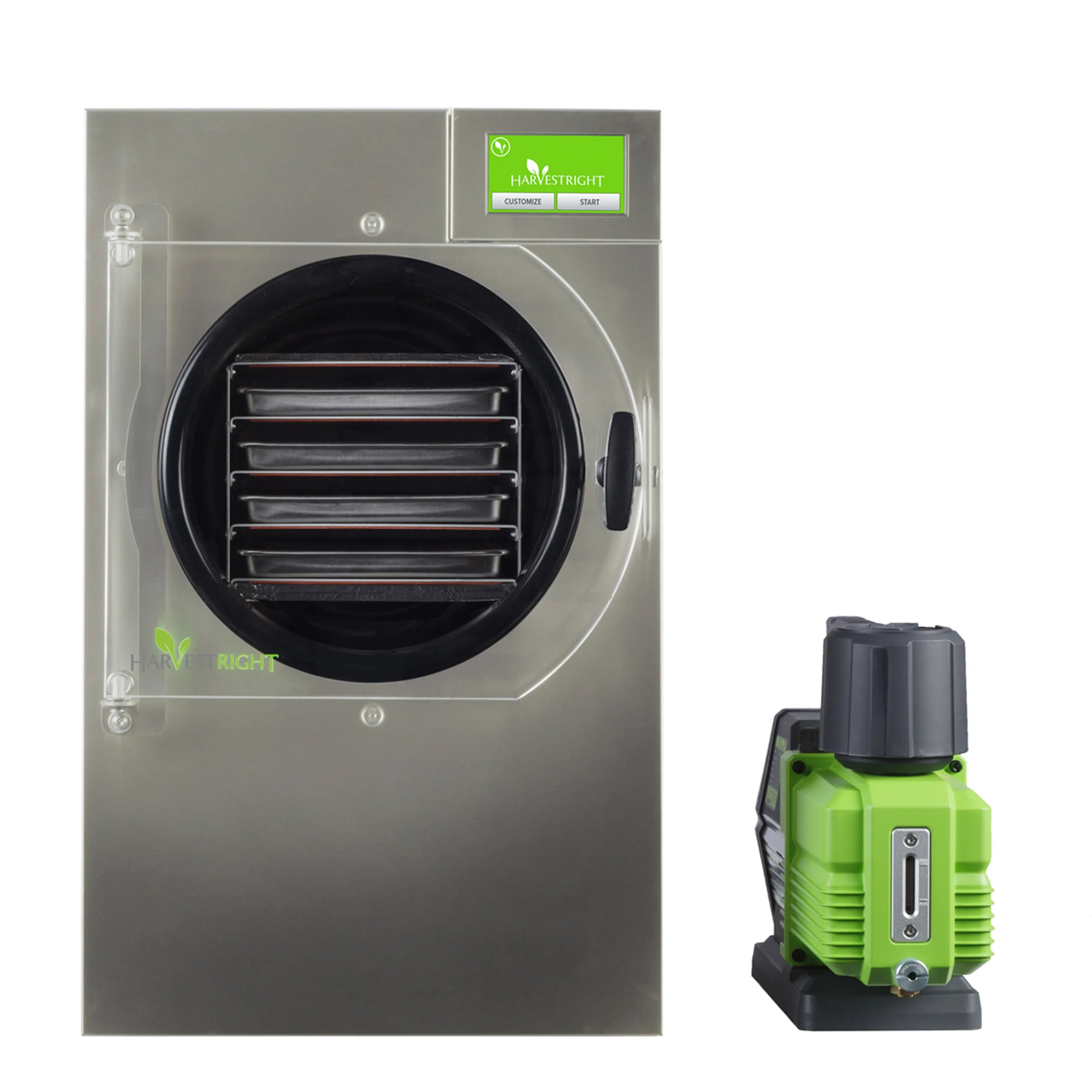 Stainless steel freeze dryer with round door and included green vacuum pump