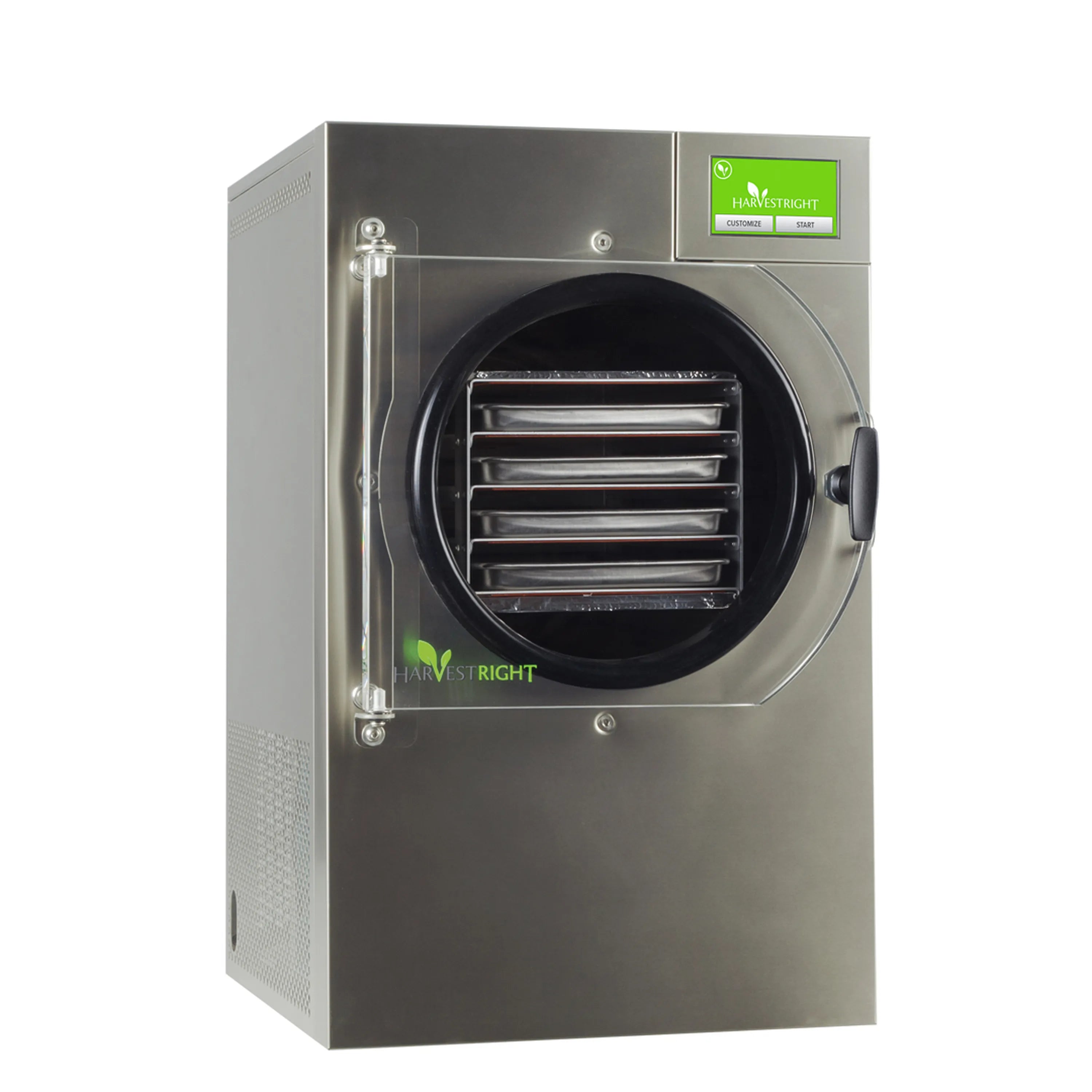 Stainless steel freeze dryer with round front door and black loading chamber