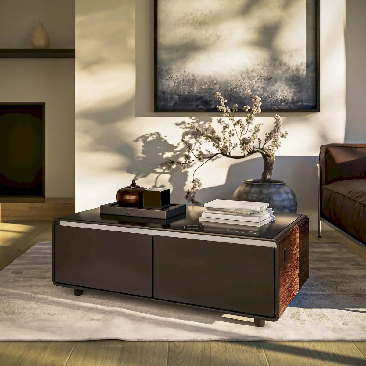 Smart coffee table refrigerator on legs with dual doors and wood-accent sides