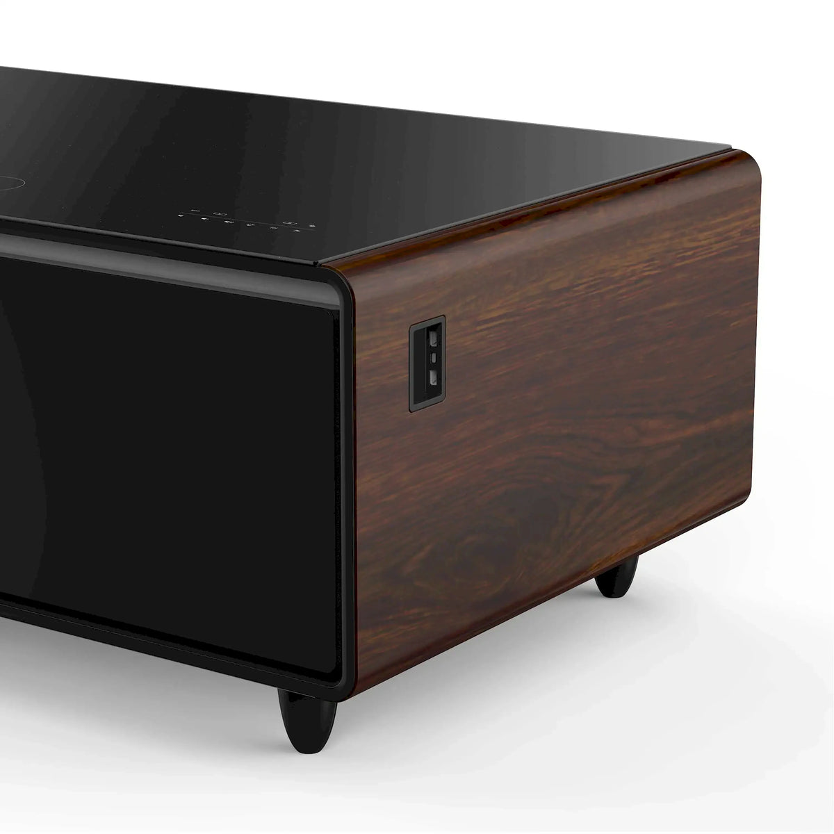 Smart coffee table refrigerator with wood side panel and front control slot