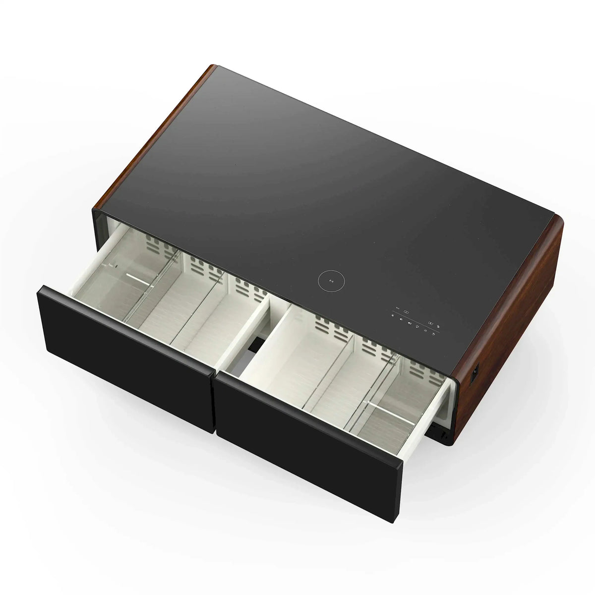Smart coffee table refrigerator with two open compartments and black glass lid