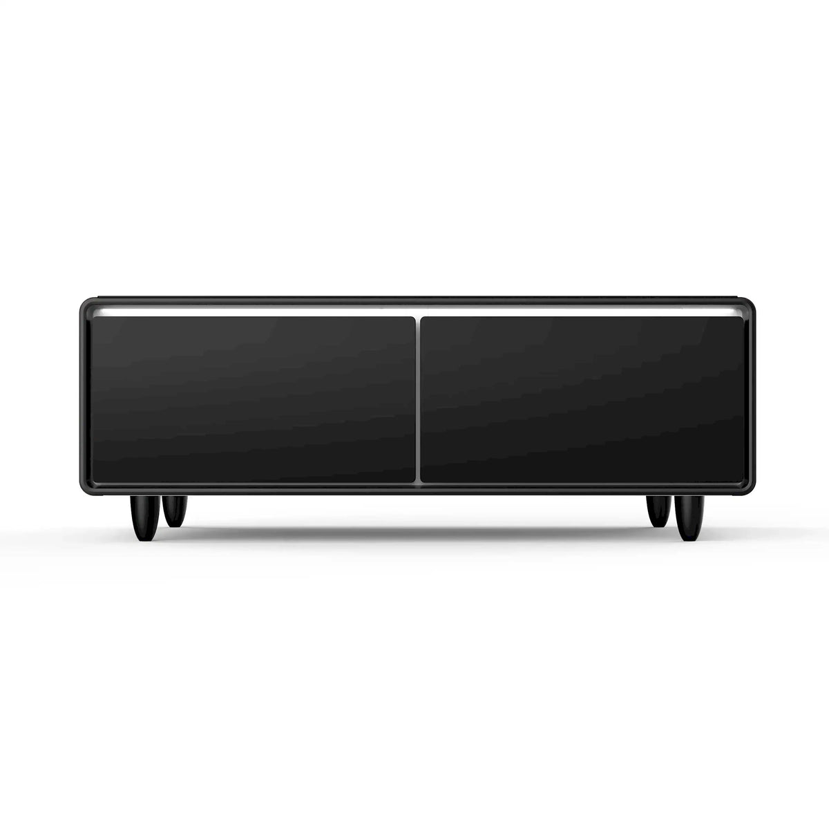 Smart coffee table refrigerator front with two glossy doors and slim frame