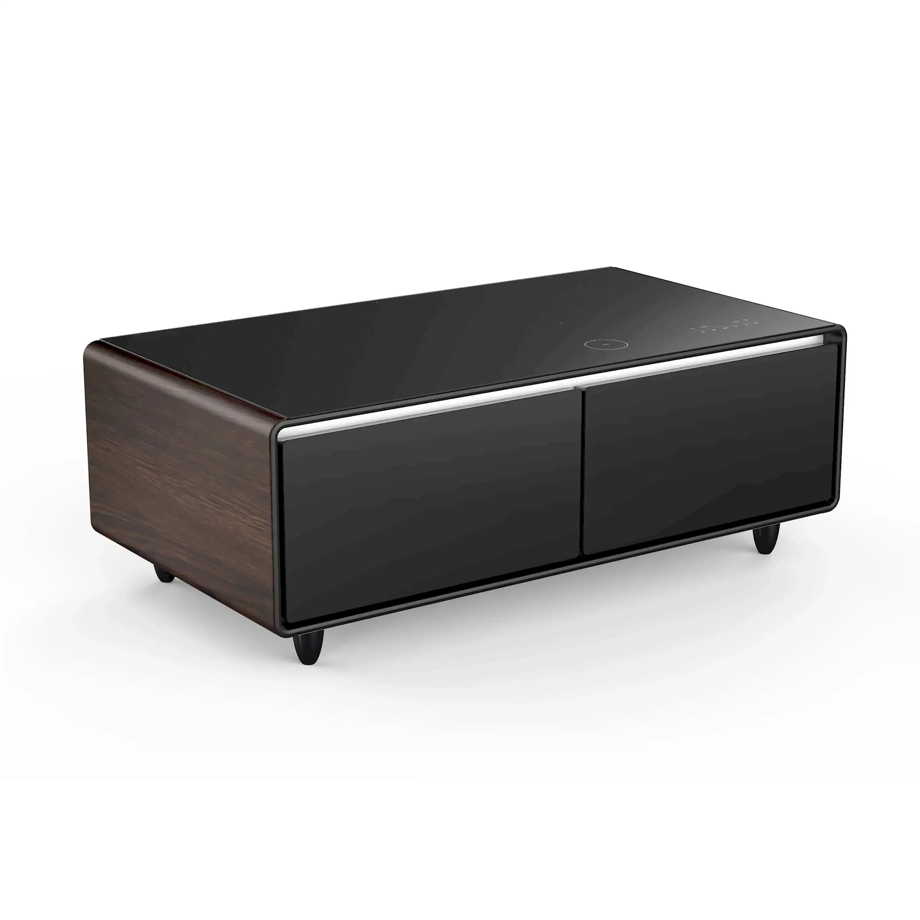 Smart coffee table refrigerator angled view with dual doors and wood-accent base