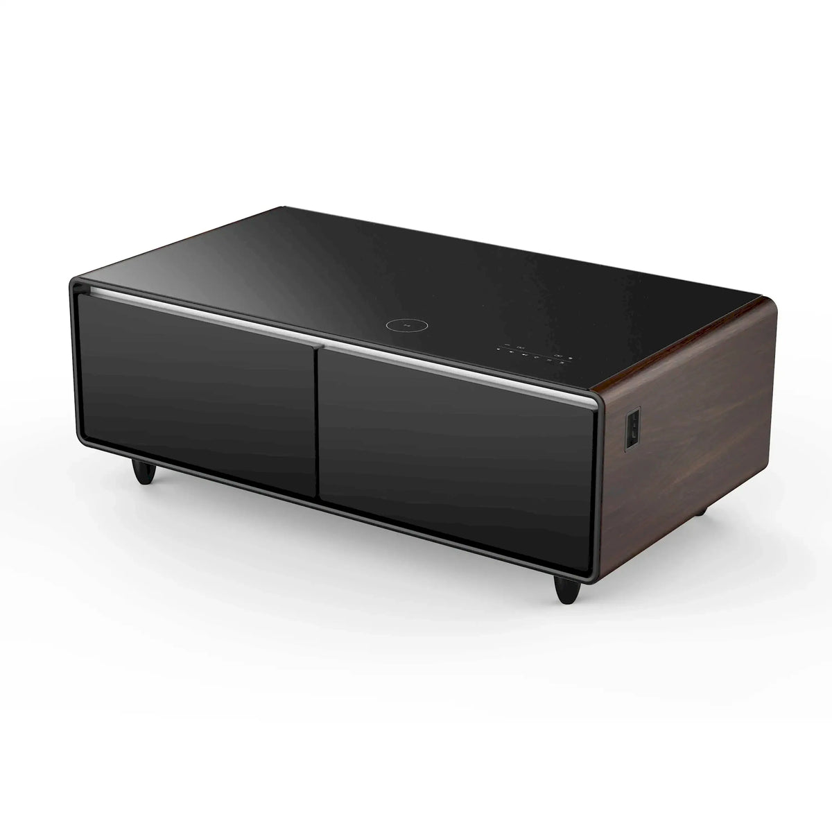 Smart coffee table refrigerator with dual front doors and wood side panel