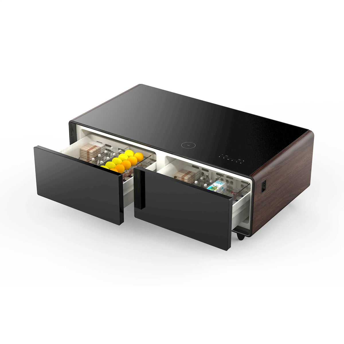 Smart coffee table refrigerator with open dual drawers and interior shelves