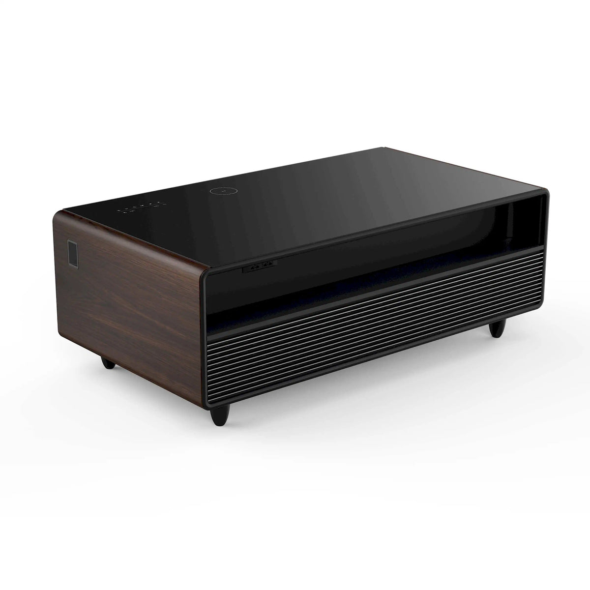 Smart coffee table refrigerator with black glass top and wood-accent sides