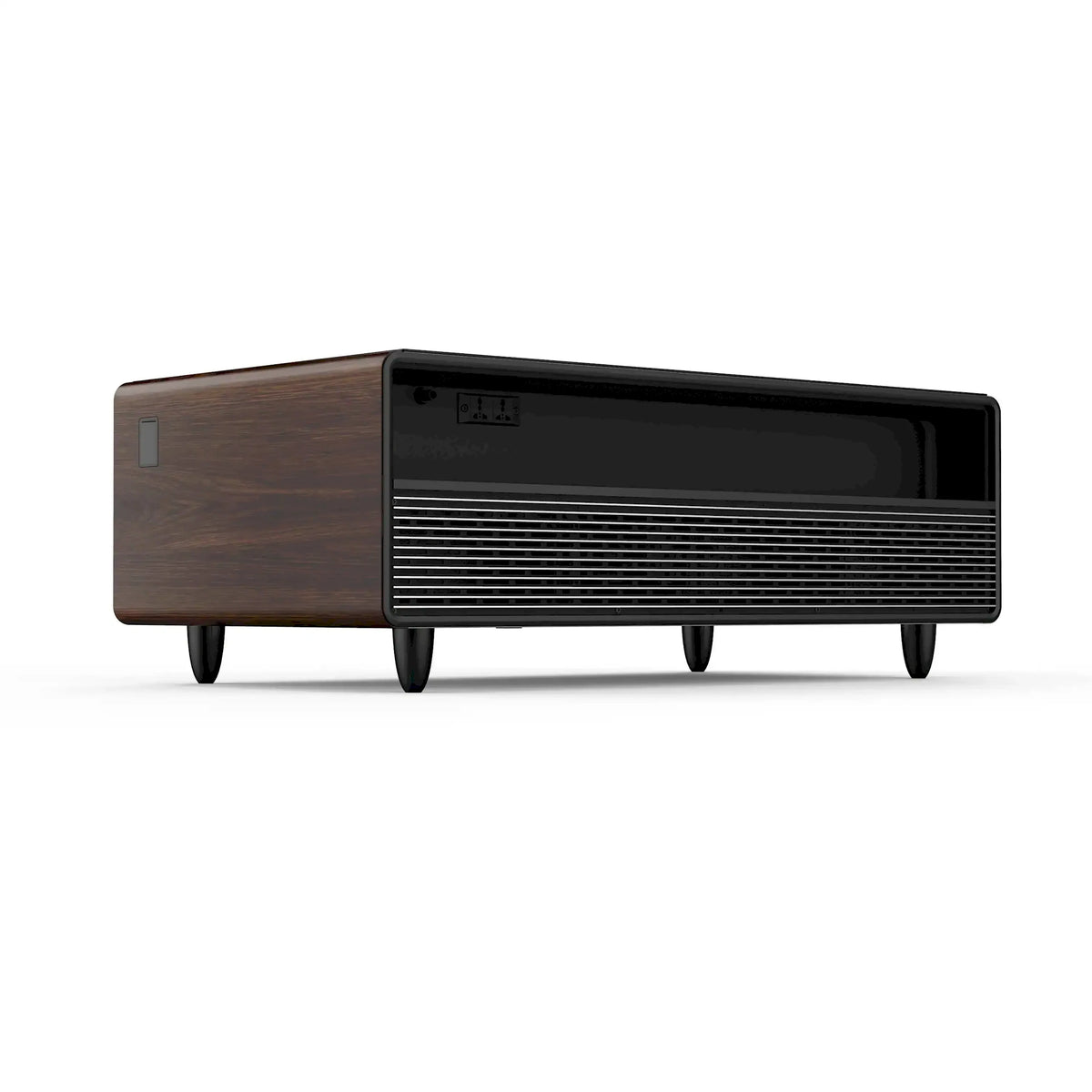 Smart coffee table refrigerator front with black vent grille and wood ends