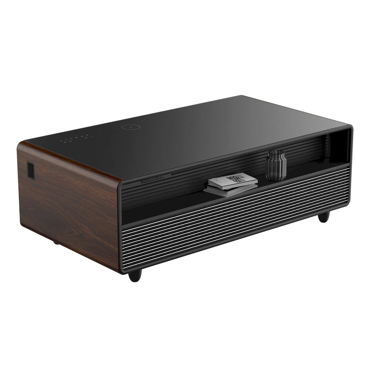Smart coffee table refrigerator with wood side panels and black vented front