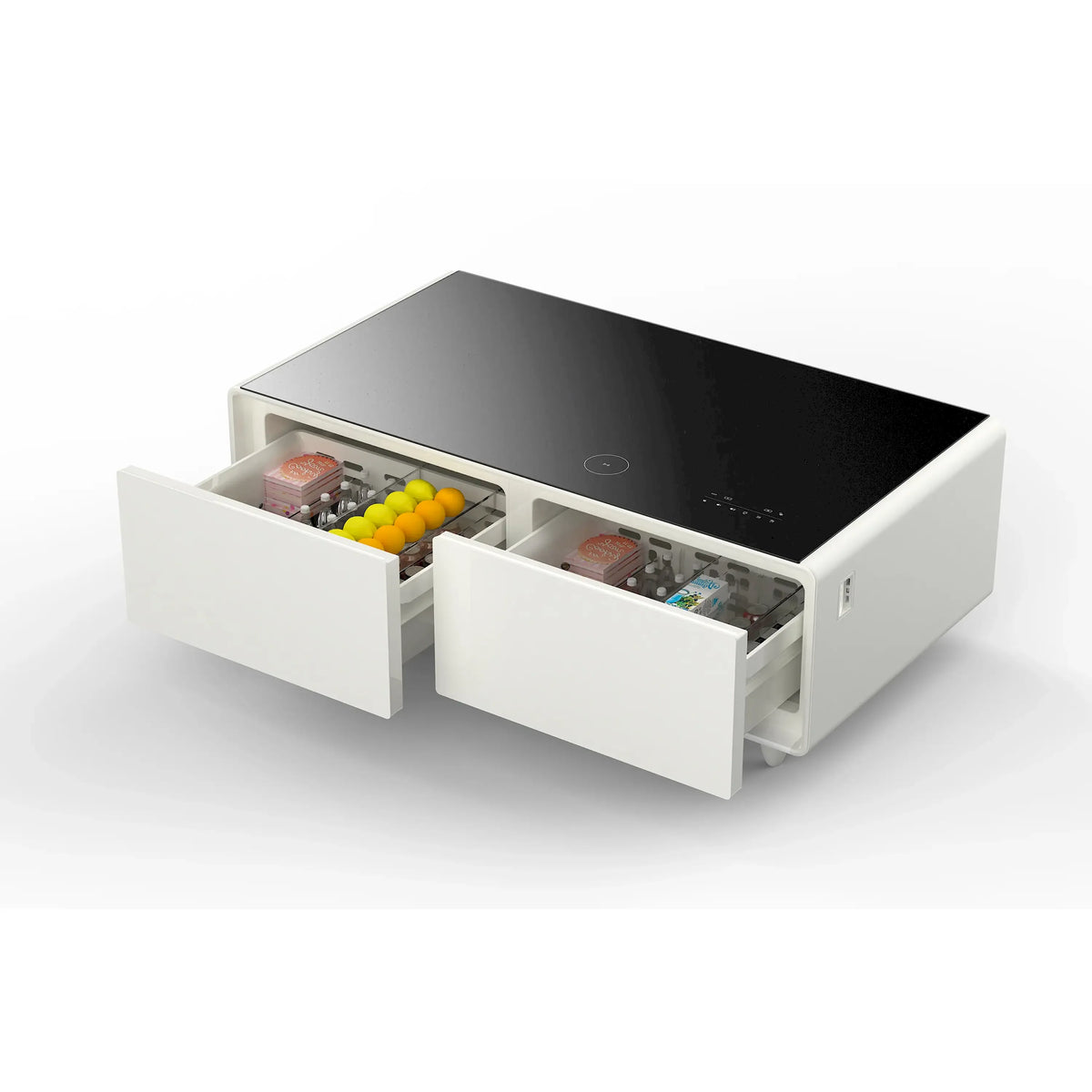 White smart coffee table open drawers showing stored items inside